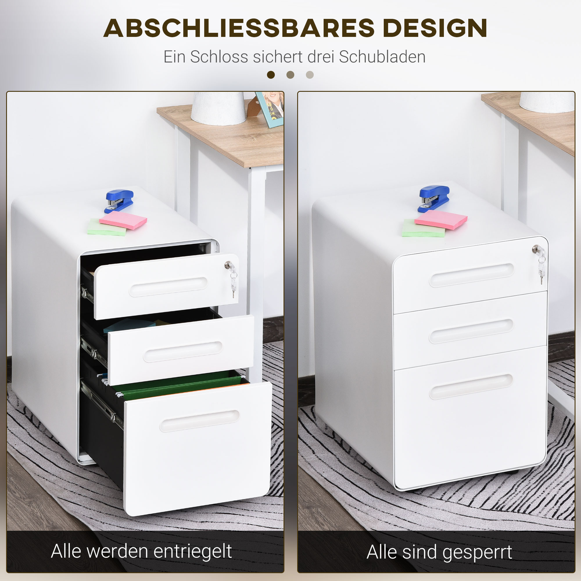 Rollcontainer mit 3 Schubladen mobiler Aktenschrank mit Rollen abschließbar Büroschrank mit Hängeregistratur Stiftfach, Bürocontainer Schreibtisch Unterschrank für Büro 39x48x59cm Weiß
