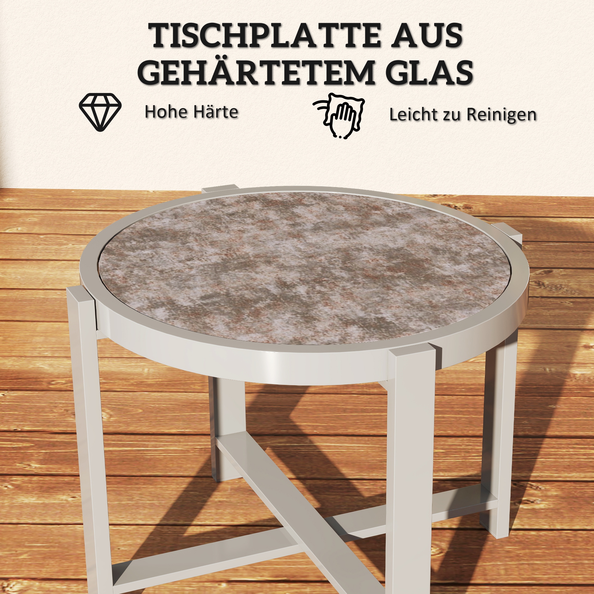 Beistelltisch Gartentisch Rund wetterfest Aluminium Balkontisch mit Marmoroptik Grau