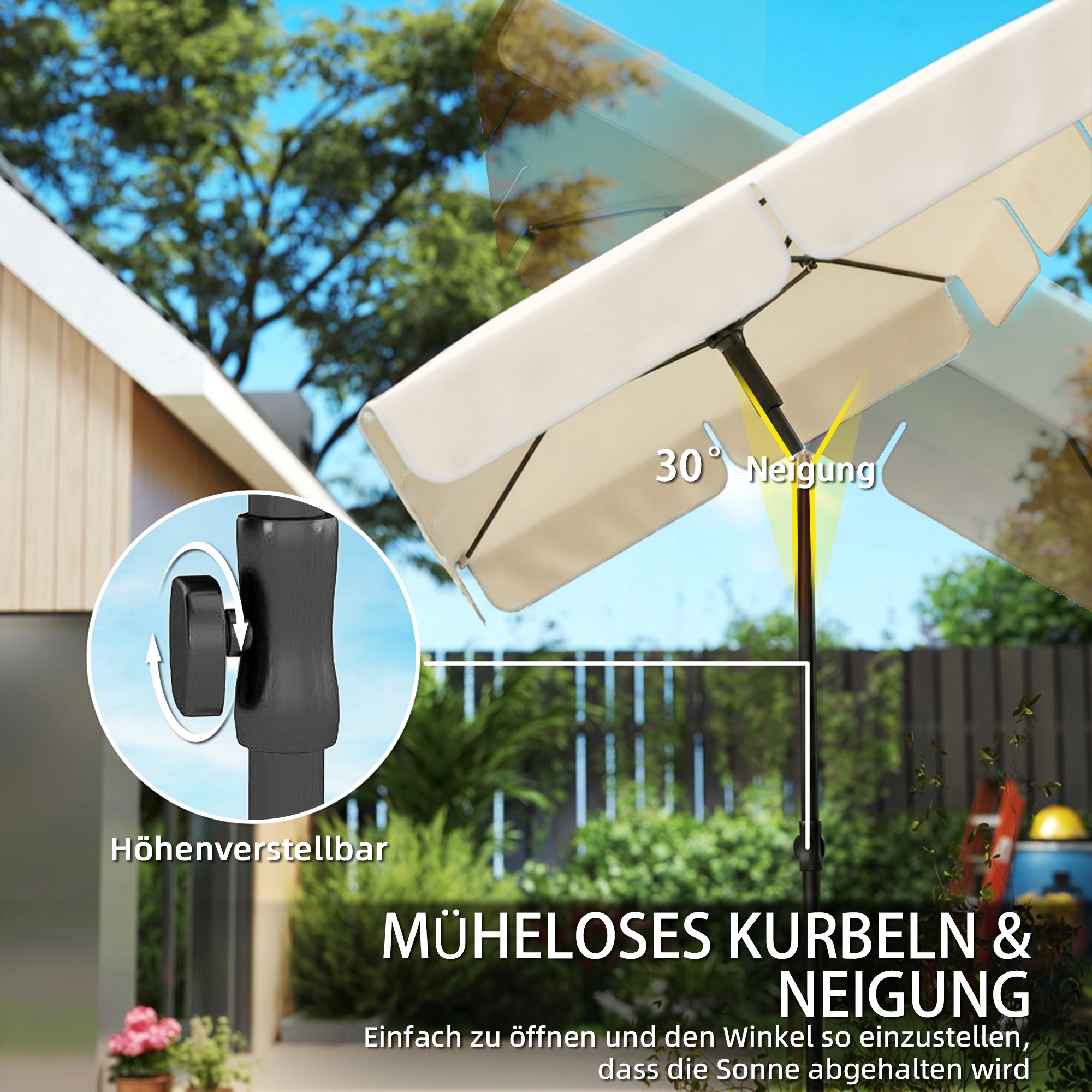 Sonnenschirm 183 x 122 cm, Wasserabweisend Balkonschirm mit 3-fach Neigung mit 8 Streben Beige
