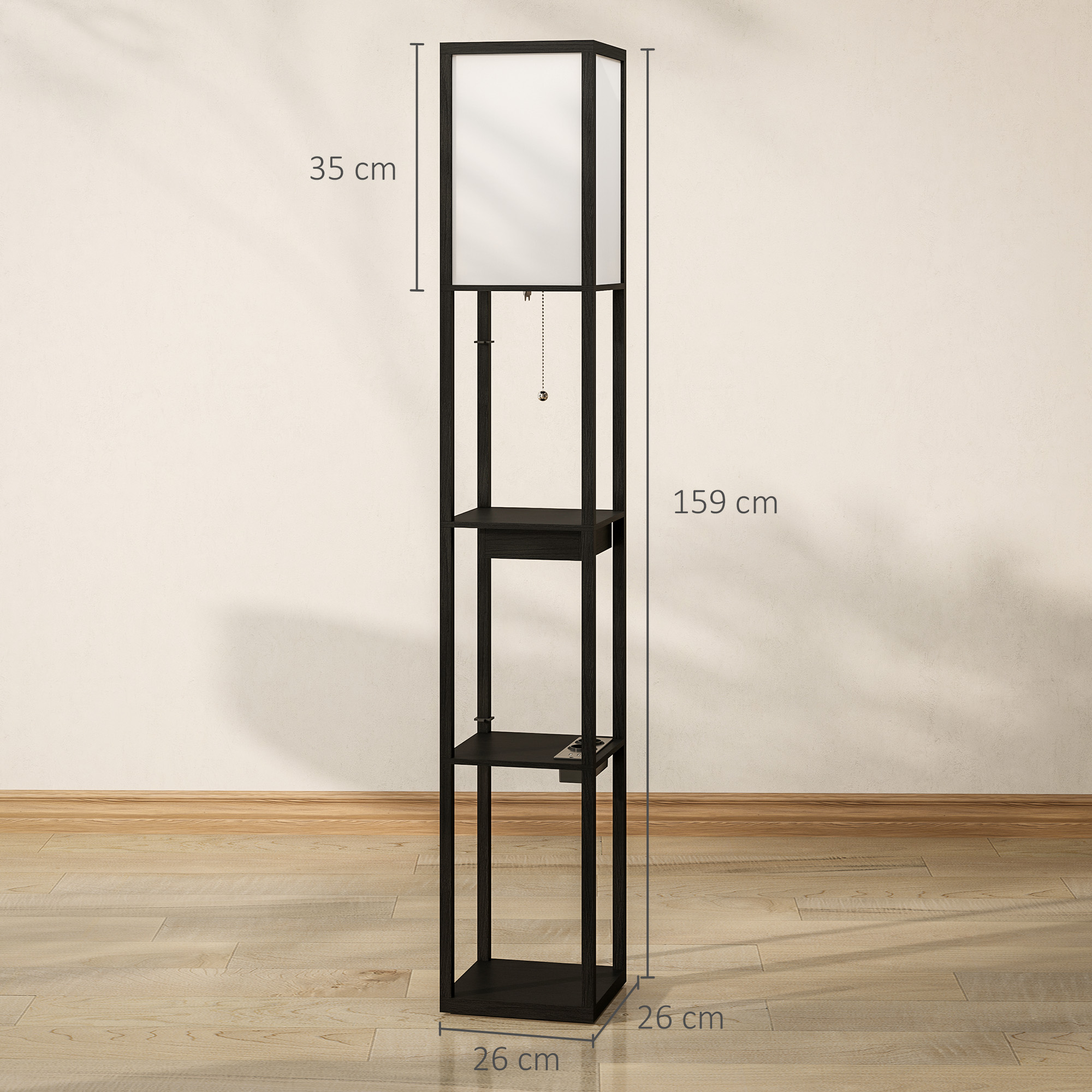 Stehlampe mit 3-stufigem Regal, Fußschalter, USB-Anschlüssen, MDF, Schwarz