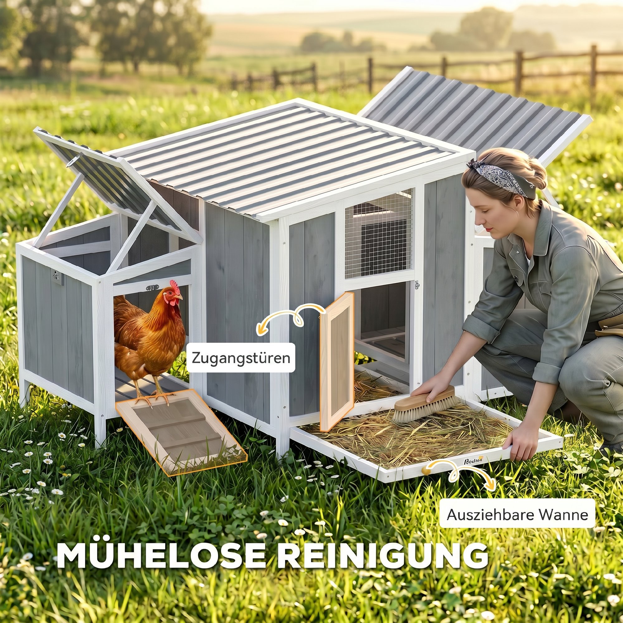 Hühnerstall Holz Hühnerhaus mit abschließbarer Tür Nistkasten wasserdichtem PET-Dach für 3-4 Hühner, 145x90x92 cm Grau