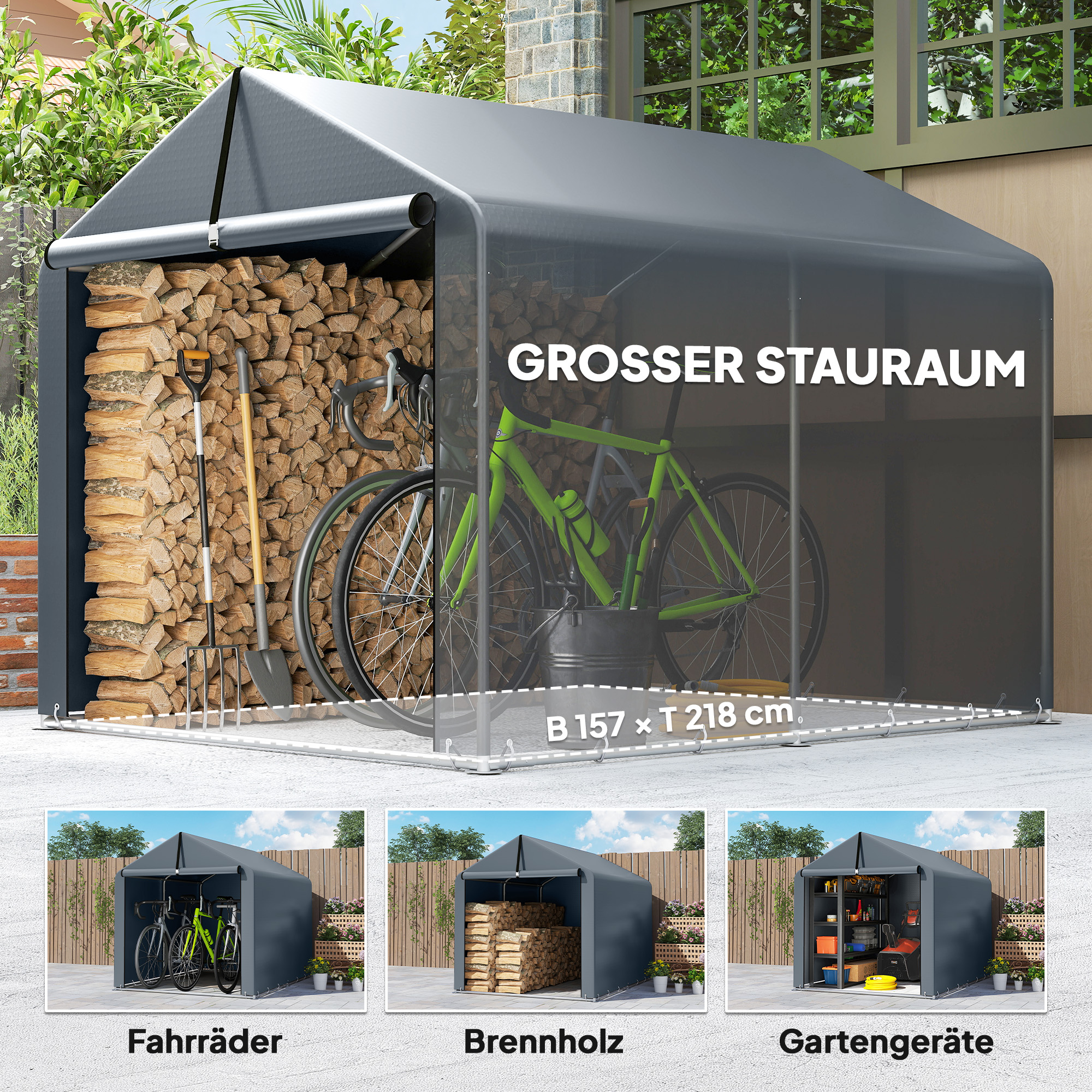 Garagenzelt 2,2 x 1,6 m Wasserdicht Gerätezelt mit Rolltür Satteldach Stahlrahmen, UV-beständig Dunkelgrau