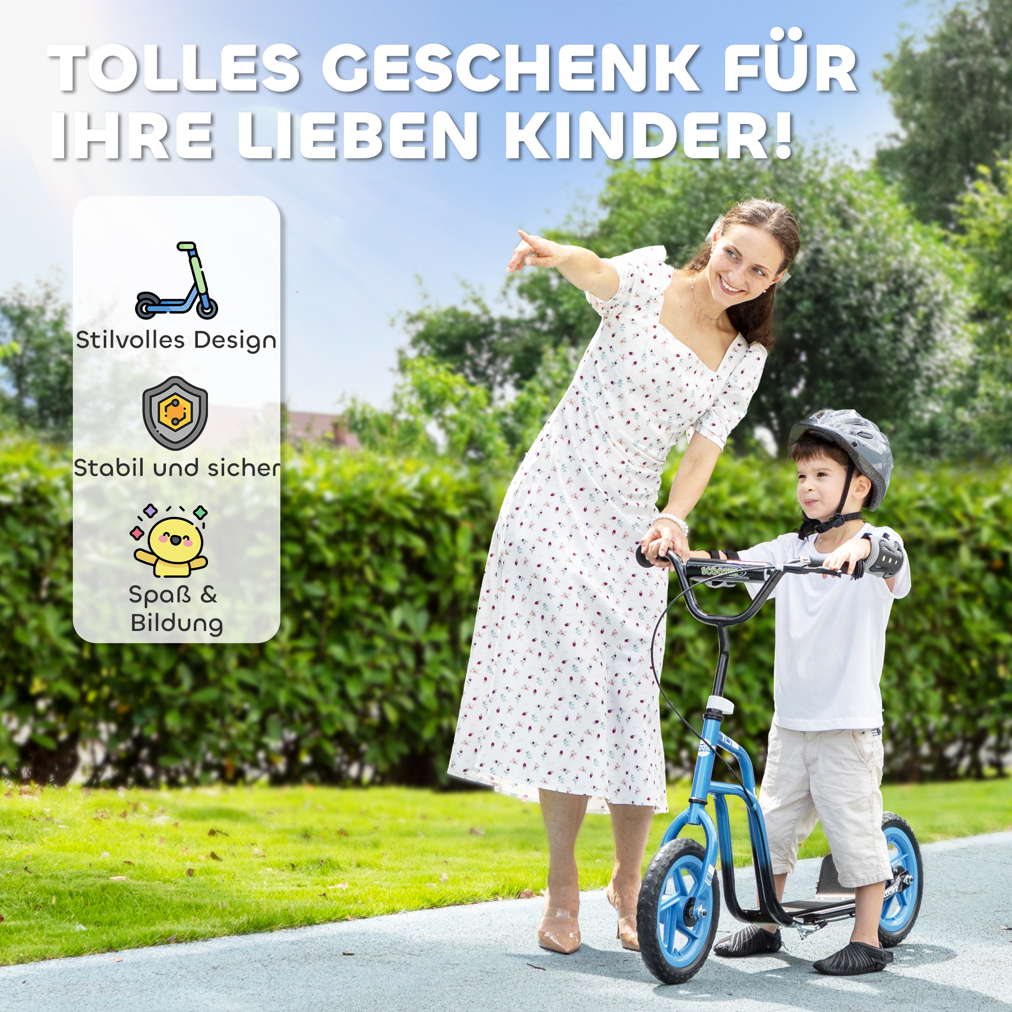 Kinderroller mit verstellbarem Lenker, große Räder, Parkständer, Handbremse, für Kinder im Alter von 5-12 Jahren, Blau