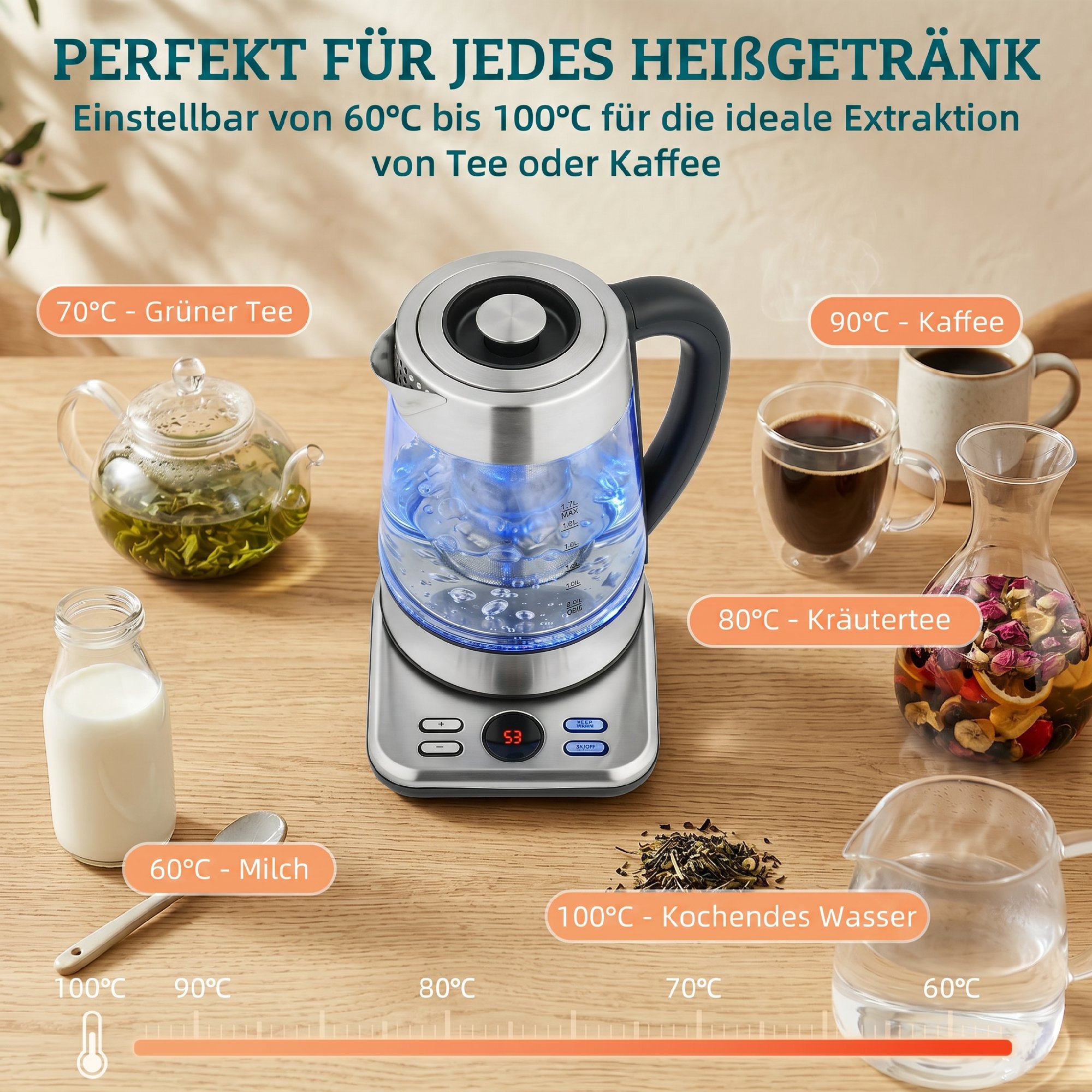 Wasserkocher, 1,7L Schnellkochender 2200W Wasserkocher mit UK Strix Thermostat, Teesieb, Warmhaltefunktion