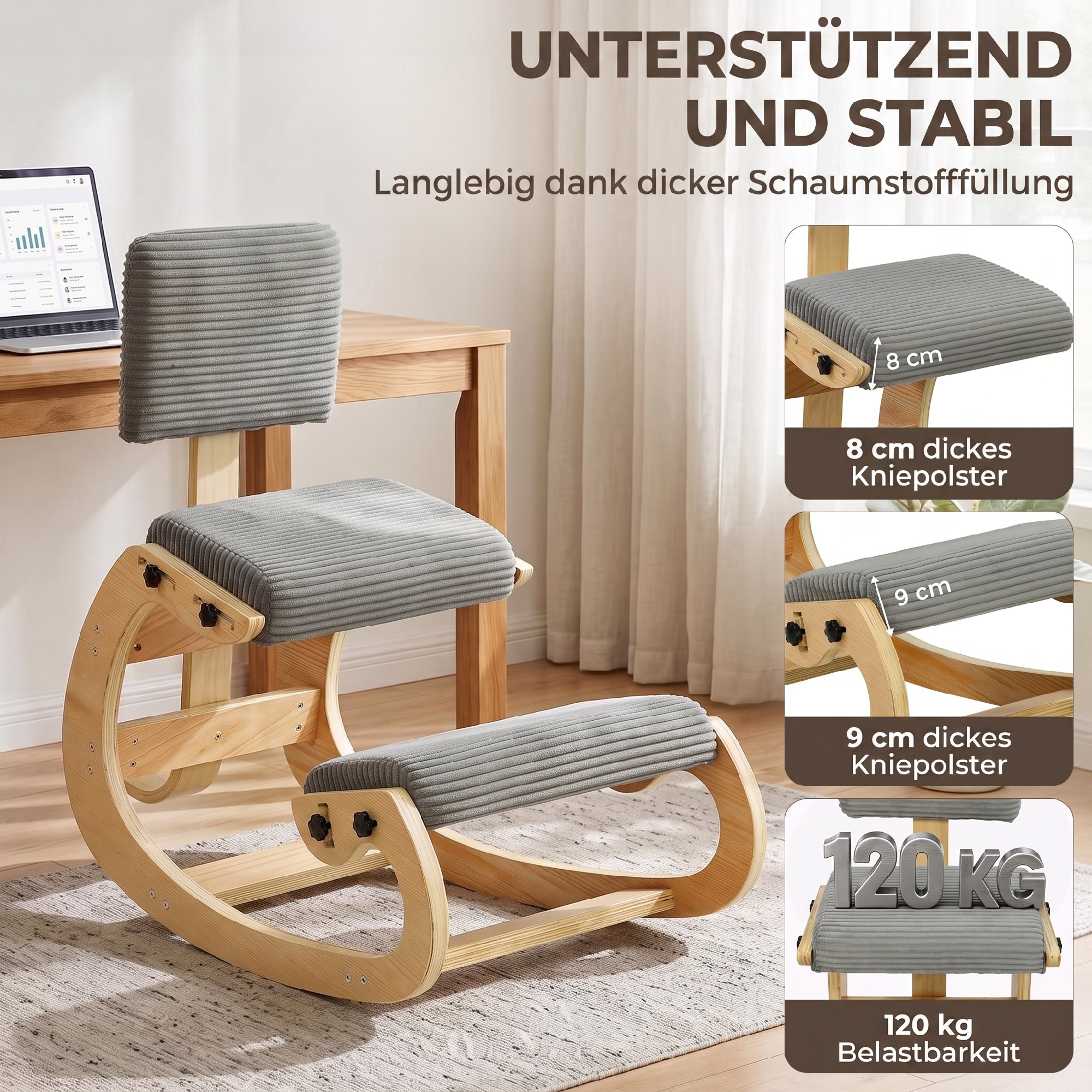 Ergonomischer Kniestuhl, Kniehocker mit Rückenlehne, Cord-Optik, Bürostuhl für Zuhause, Büro, Meditation, Dunkelgrau
