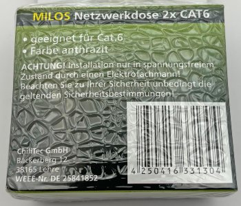 MILOS Netzwerk-Dose 2x CAT6 / inkl. Rahmen, UP, Anthrazit