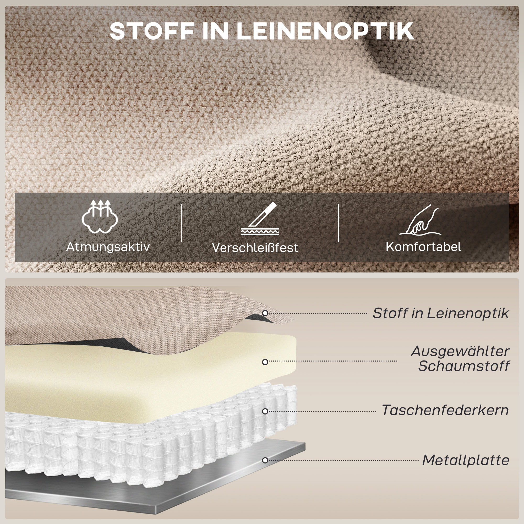 manueller Relaxsessel, Moderner Sessel im Leinenstoff-Look mit dicker Polsterung, Gepolsterte Armlehnen und Fußstütze, Beige