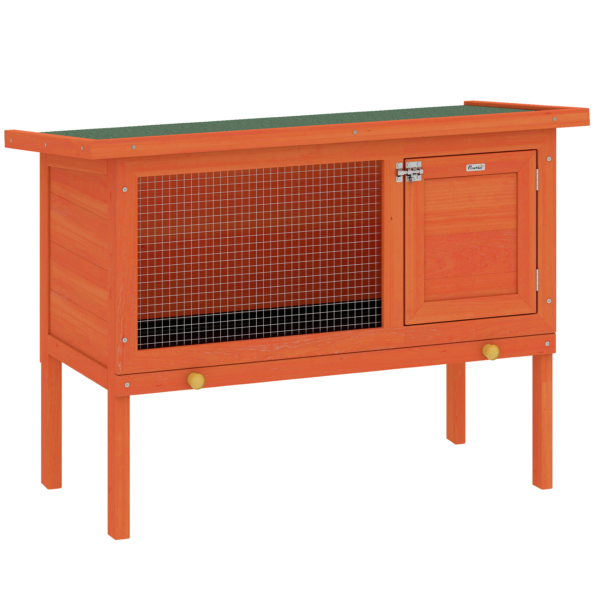 Hasenstall erhöhter Kaninchenstall aus Holz mit aufklappbar Bitumendach herausziehbarer Schublade 90x45x65 cm Orange