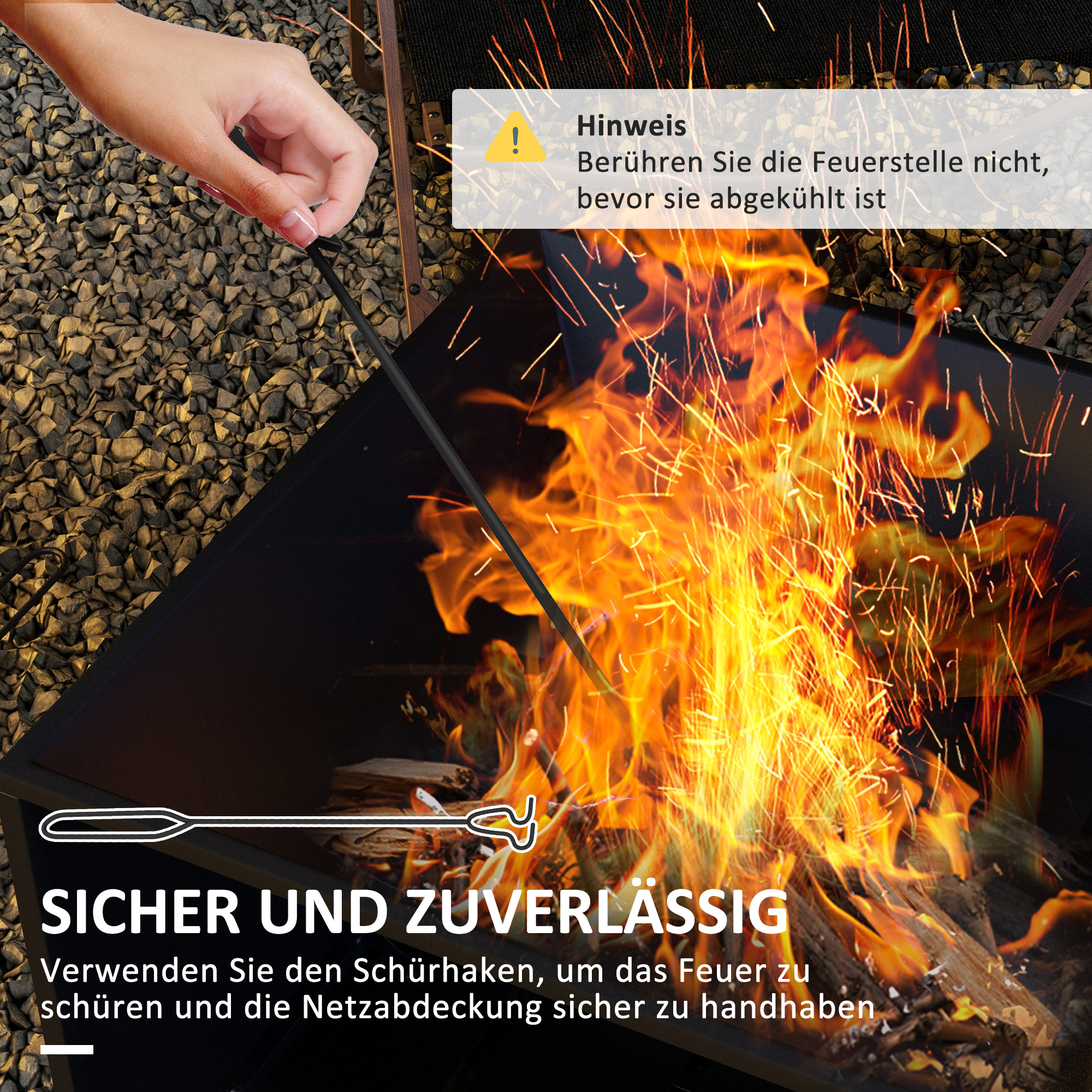 2 in1 Feuerschale, Tischplatte mit Keramikfliesen, Schürhaken, rostfrei, 101 x 51 x 56 cm, Schwarz