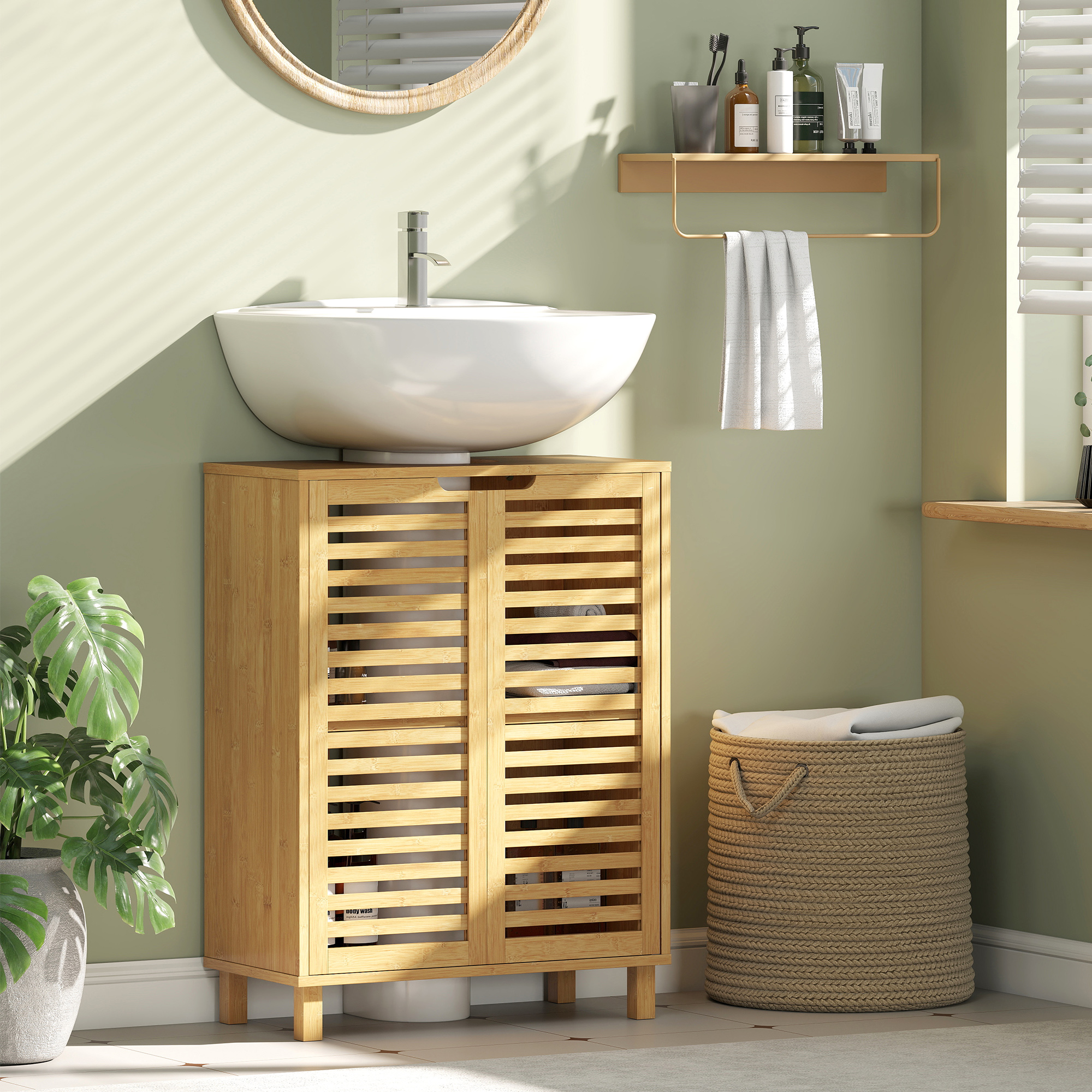 Waschbecken-Unterschrank für Badezimmer, Badschrank mit Lamellentüren, Bambusholz, verstellbare Regale, Natur