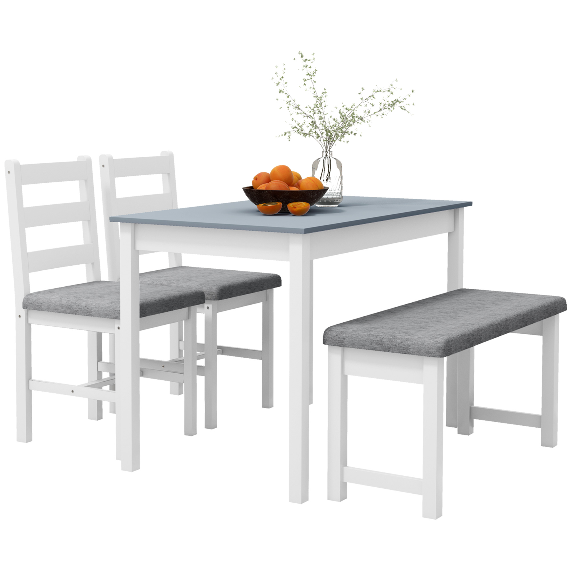 Sitzgruppe, 4-teiliges Esstisch-Set, 1 Tisch, 1 Bank, 2 Stühle, Grau + Weiß