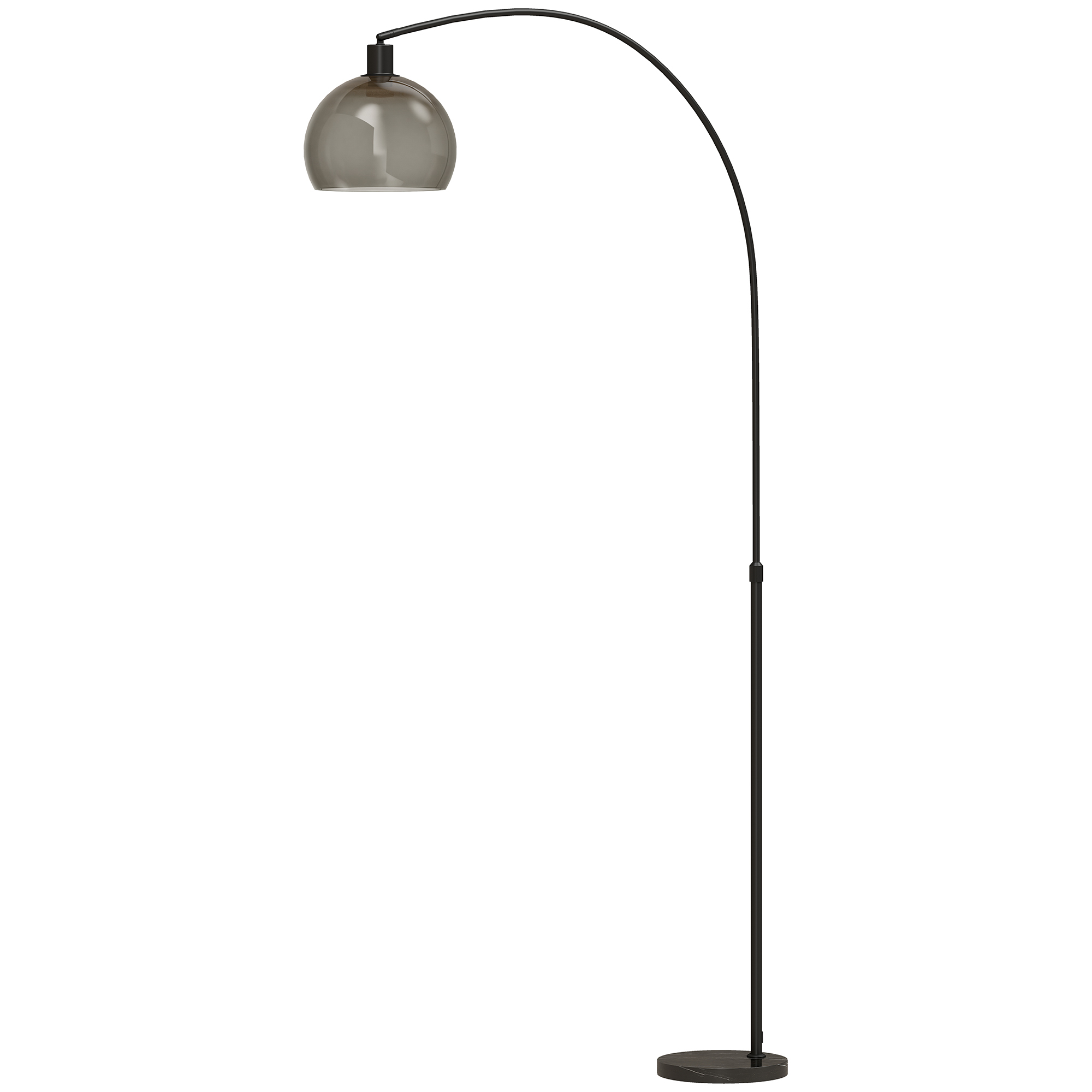 Stehlampe, gebogener Kopf, Fußschalter, Marmorsockel, Kunststoffschirm, Grau