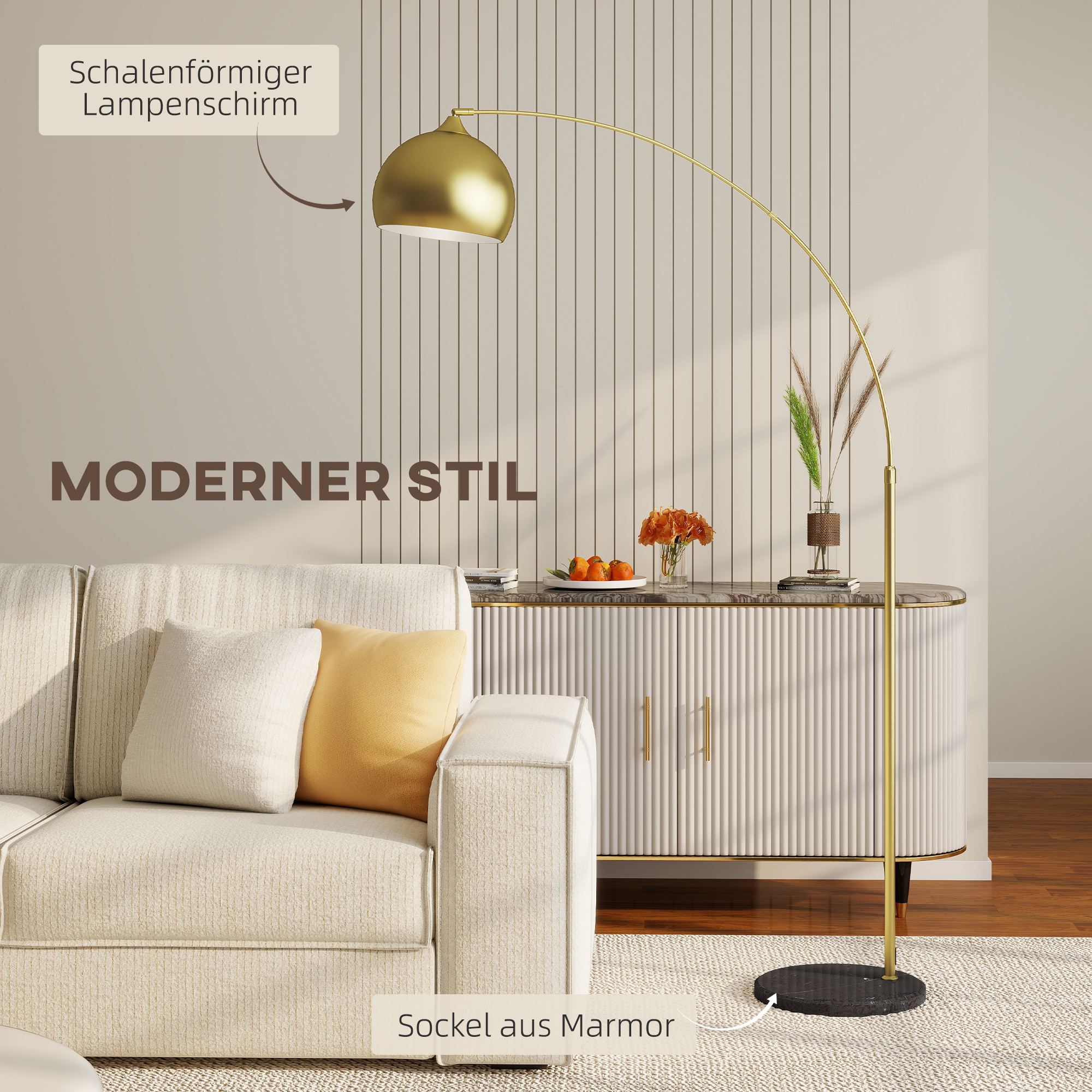 Bogenleuchte, Stehlampe, höhenverstellbar, Fußschalter, Sockel in Marmoroptik, 170-180cm, Gold/Schwarz