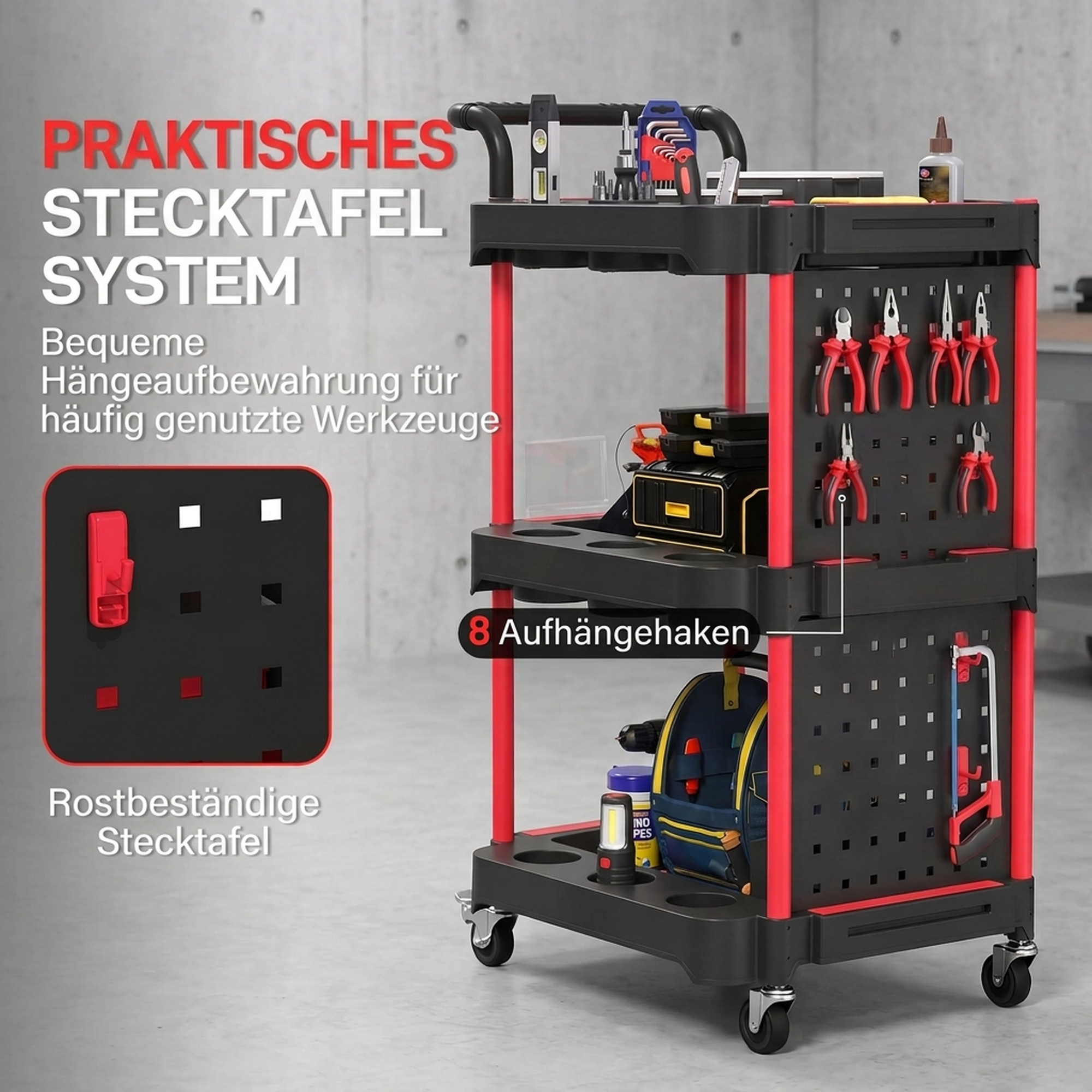 Werkzeugwagen mit 3 Ebenen, Lochwand und Haken, rollbarer Werkstattwagen mit Bremsen, Schwarz/Rot