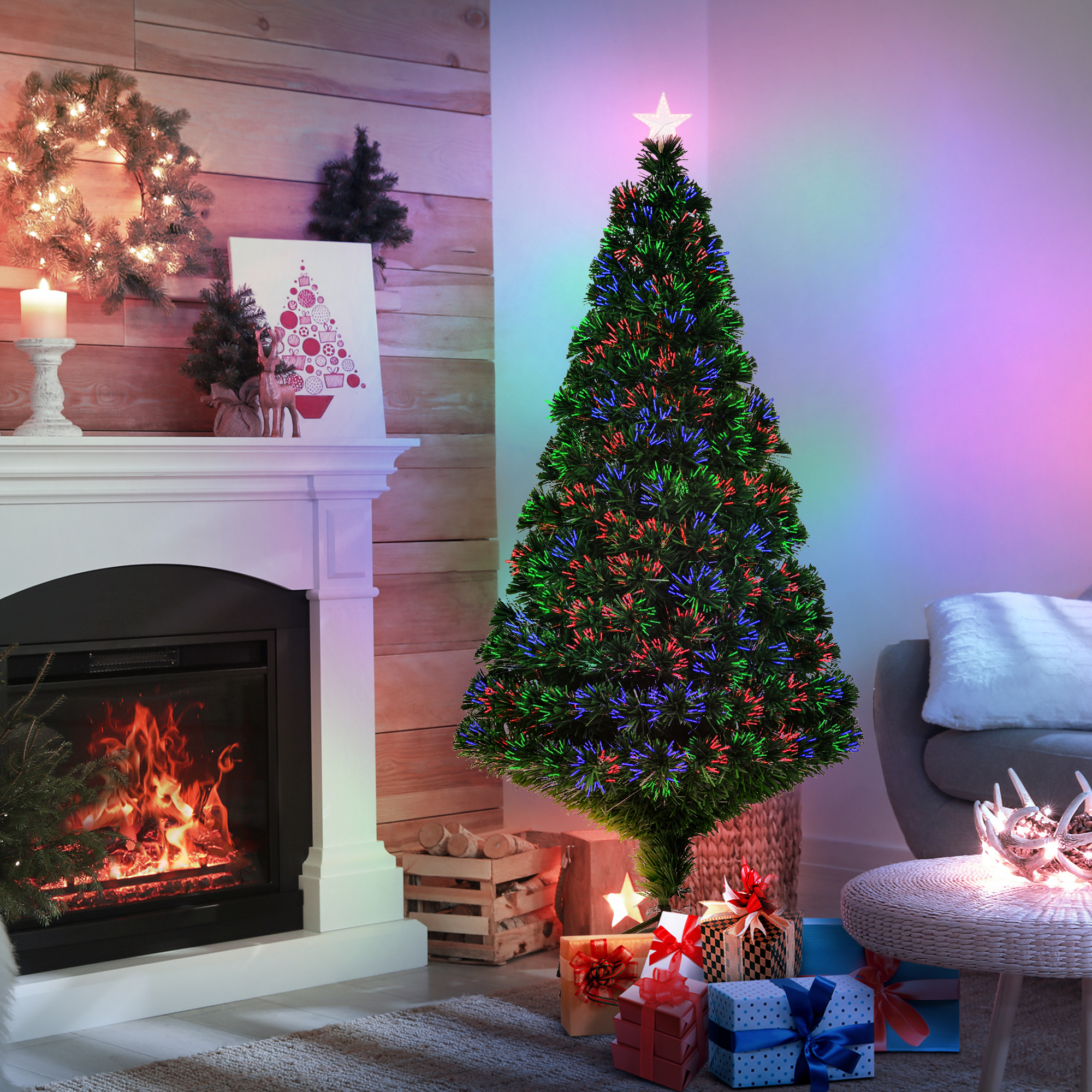 Künstlicher Weihnachtsbaum 150 cm mit Glasfaser künstlich Tannenbaum mit LED Beleuchtung, 180 Spitzen Christbaum Weihnachtsdeko inkl. Metallständer für drinnen