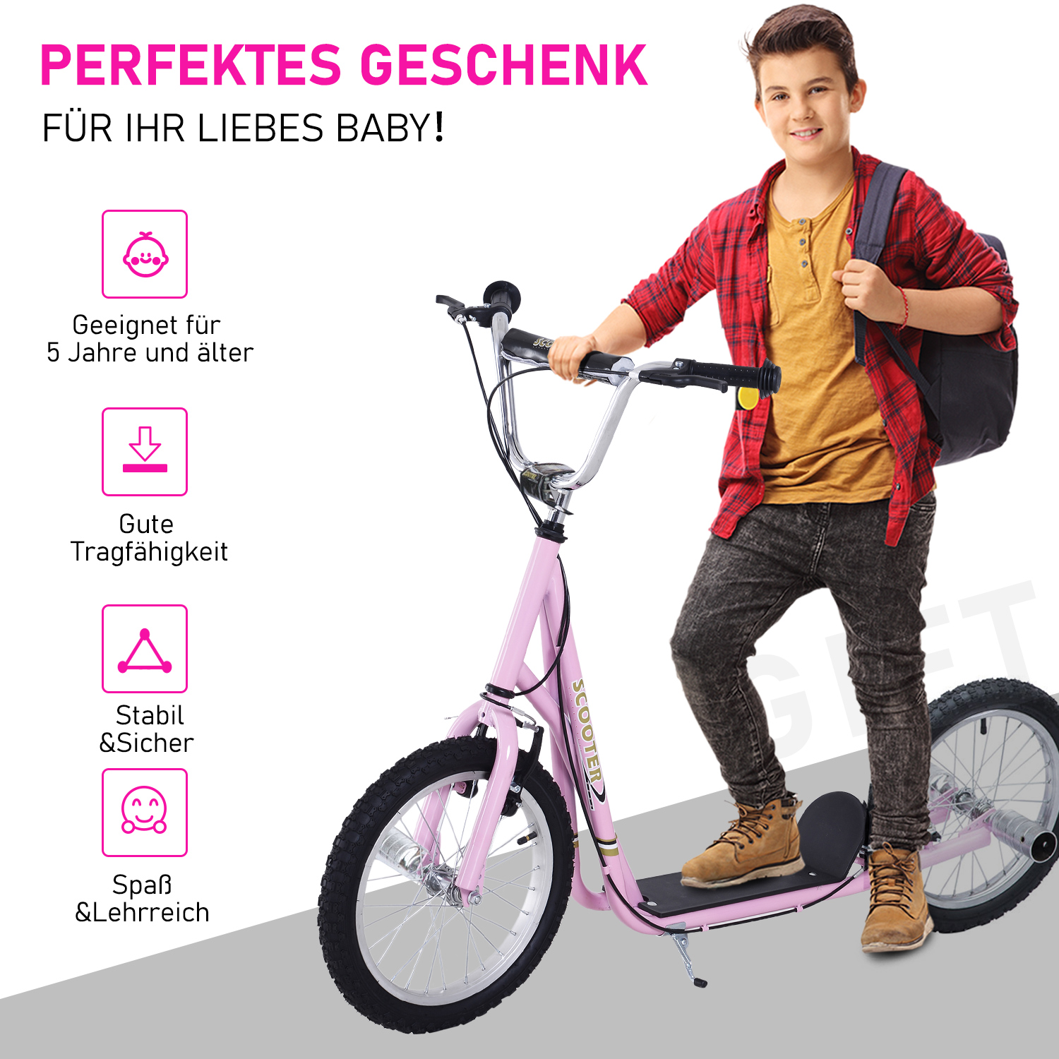 Kinderroller mit Luftreifen Kickscooter Scooter Tretroller Cityroller für Kinder Kickboard 16 Zoll ab 5 Jahre Höhenverstellbar Rosa 143 x 58 x 92-100 cm