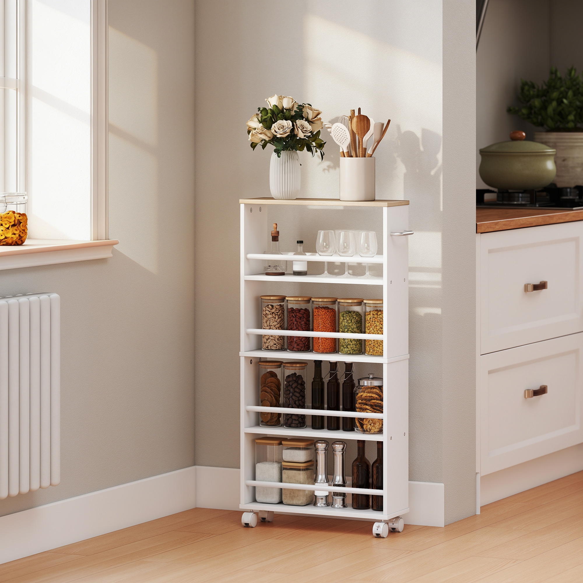Multifunktionsregal mit Rollen, schmale Bauweise, 4 Fächer, 45x15x91 cm, Natur