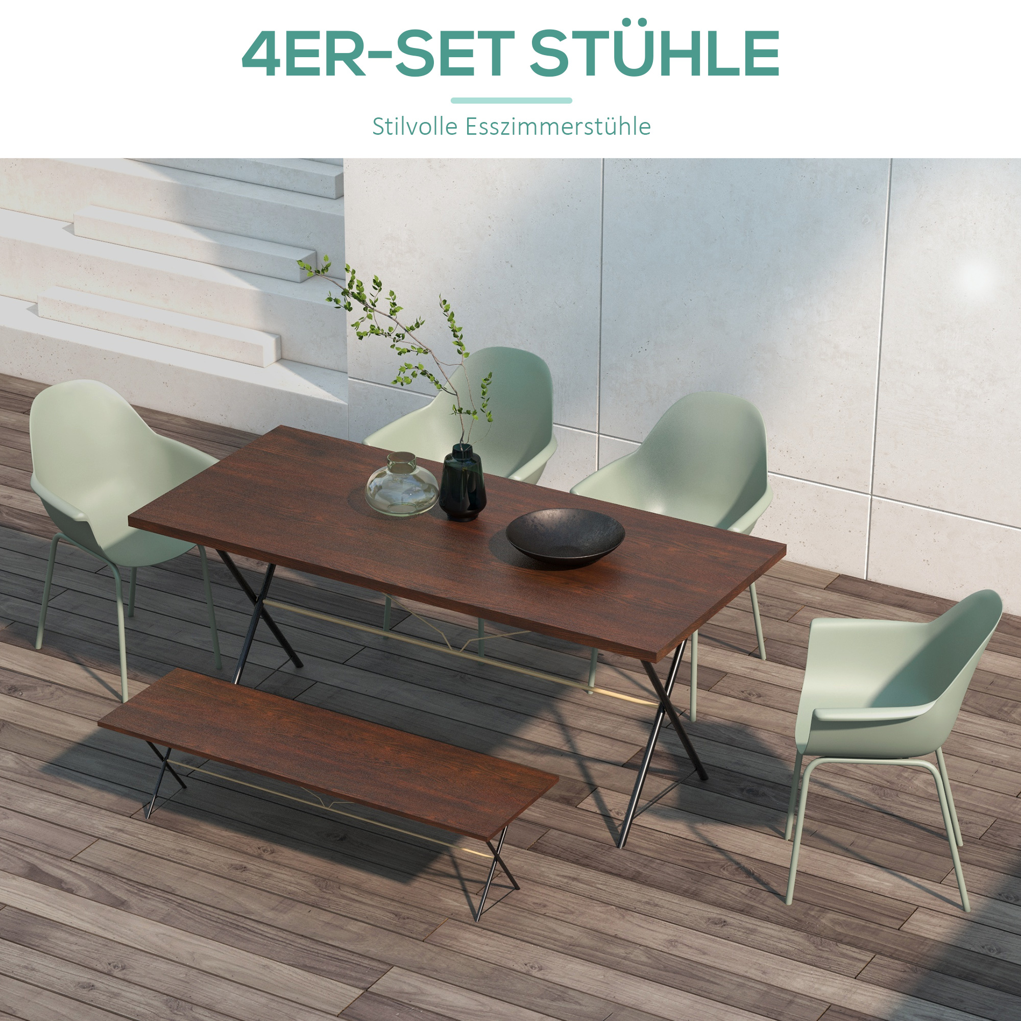Gartenstuhl 4er-Set, mit Rückenlehne/Armlehnen, wetterfest, bis 120 kg, Kunststoff/Metall, Grün