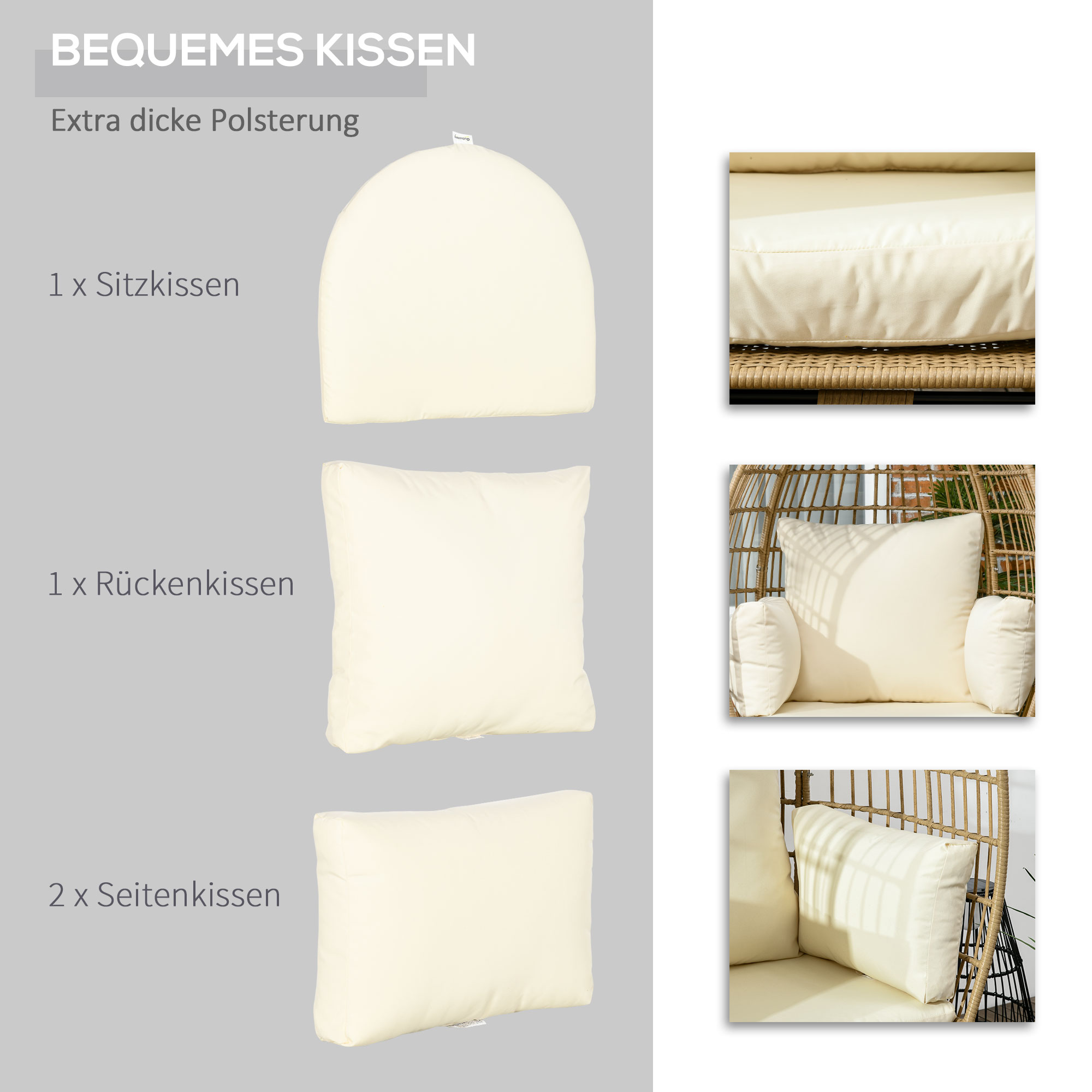 Korbstuhl in Rattanoptik, weiche Sitzkissen, Aluminiumrahmen, khaki+beige, 105 x 90 x 148 cm