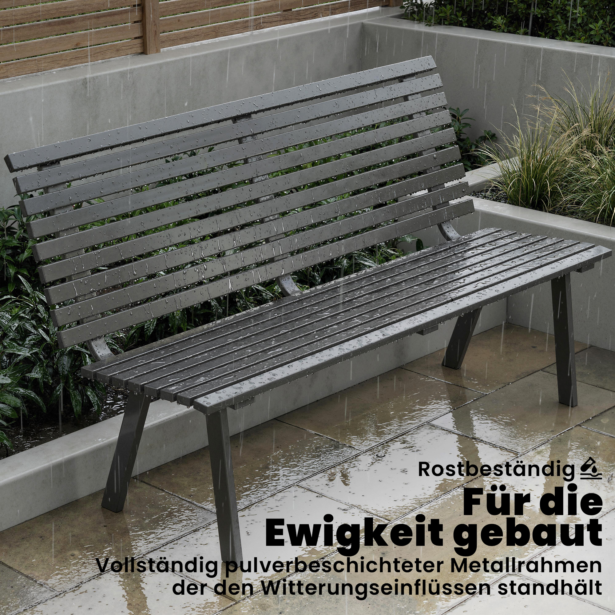 Gartenbank 3-Sitzer wetterfest Metall Outdoor Sitzbank mit breitem Sitz Lamellendesign, bis 240 kg 154 x 68 x 88 cm