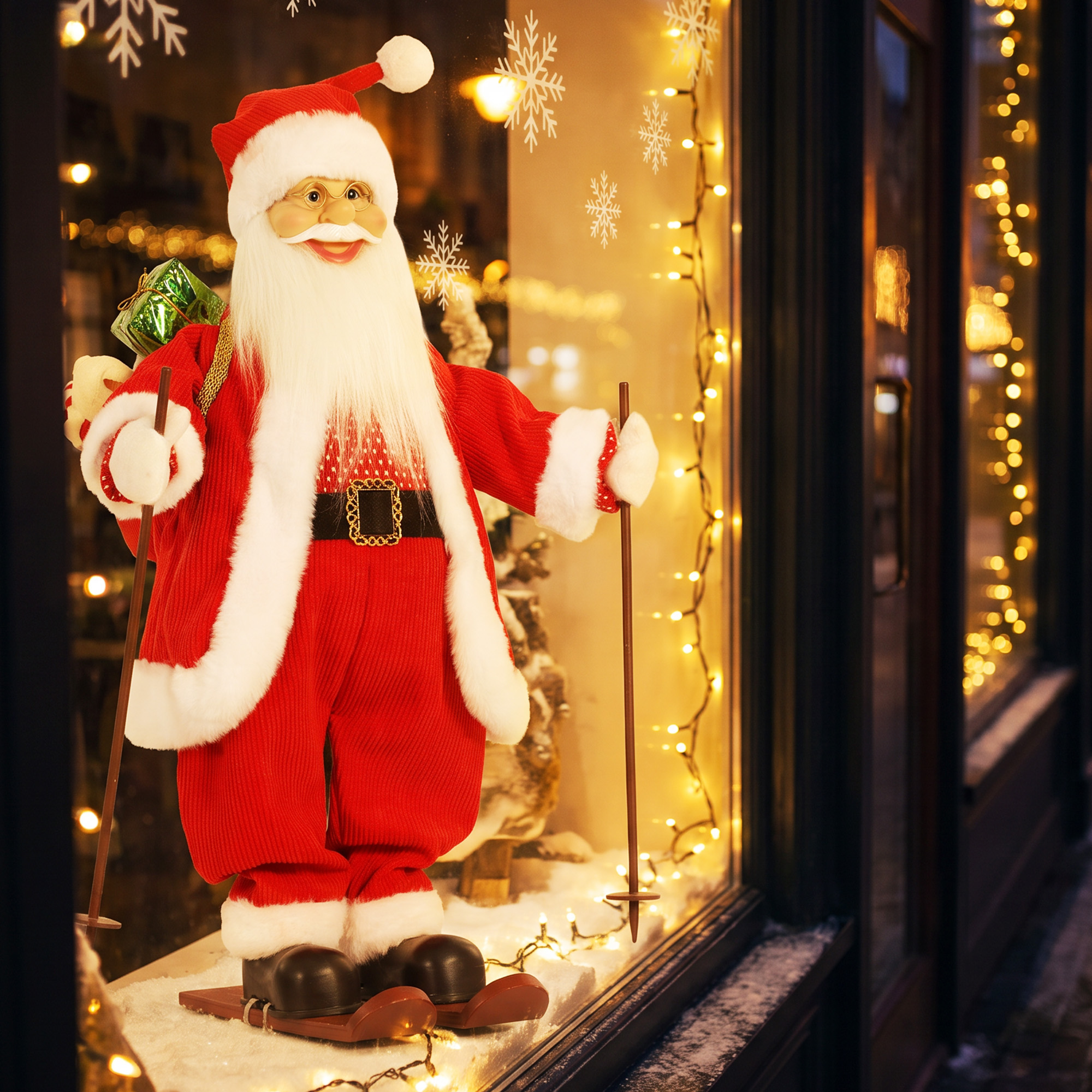 Singender Ski-Weihnachtsmann, 66 cm, animierte stehende Weihnachtsfigur mit Skiern, Geschenkesack und Geräusch-/Berührungsaktivierung