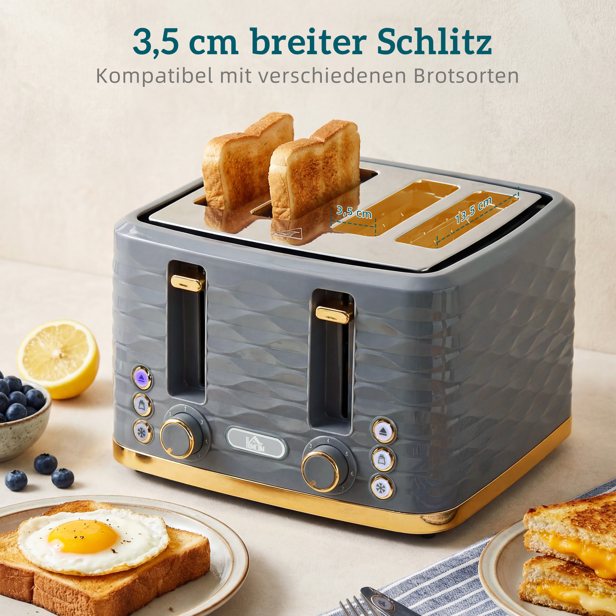 Toaster für 4 Scheiben mit 7 Bräunungsstufen, High-Lift, Aufwärm-/Auftau-/Abbruchs-Funktion, Graue Wellenoptik