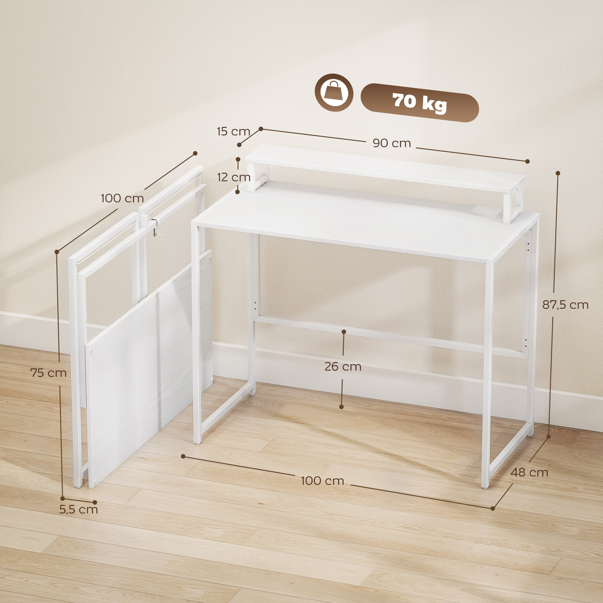 Schreibtisch Klappbar Computertisch mit Monitorhalterung  für Arbeitszimmer 100 x 48 x 87,5 cm