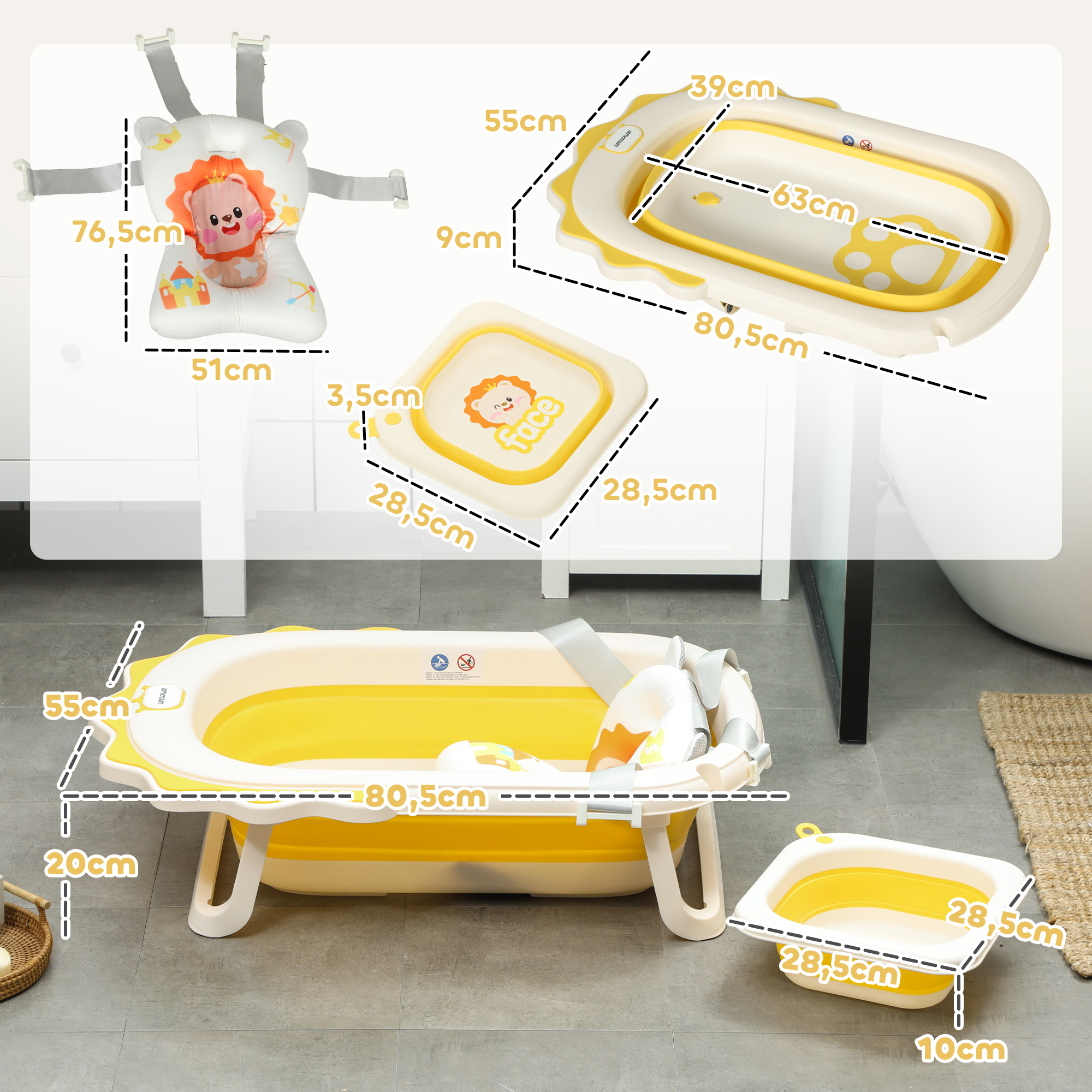 Babybadewanne mit Waschbecken, faltbar, rutschfester Boden, komfortables Badekissen, Gelb