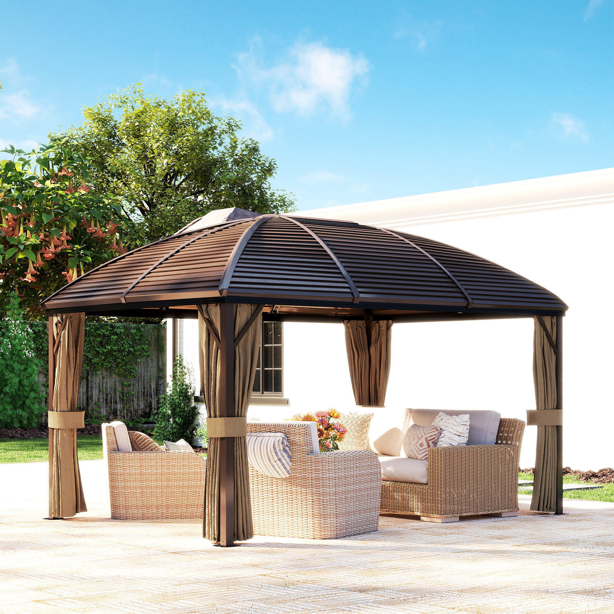 Gartenpavillon, Partyzelt, Festzelt, 4 x Doppel-Seitenteile, wasserdicht, 2 Laternenhaken, ca. 4 x 3 x 2,8 m, Braun