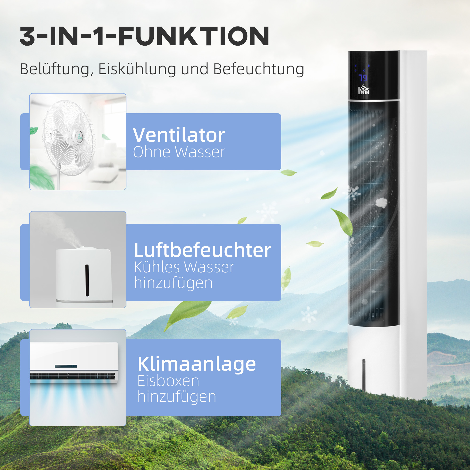 Säulenventilator, Klimaanlage in Säulenform, um 52 Grad drehbar, leiser Betrieb, 3 Betriebsmodi, 3 Geschwindigkeiten