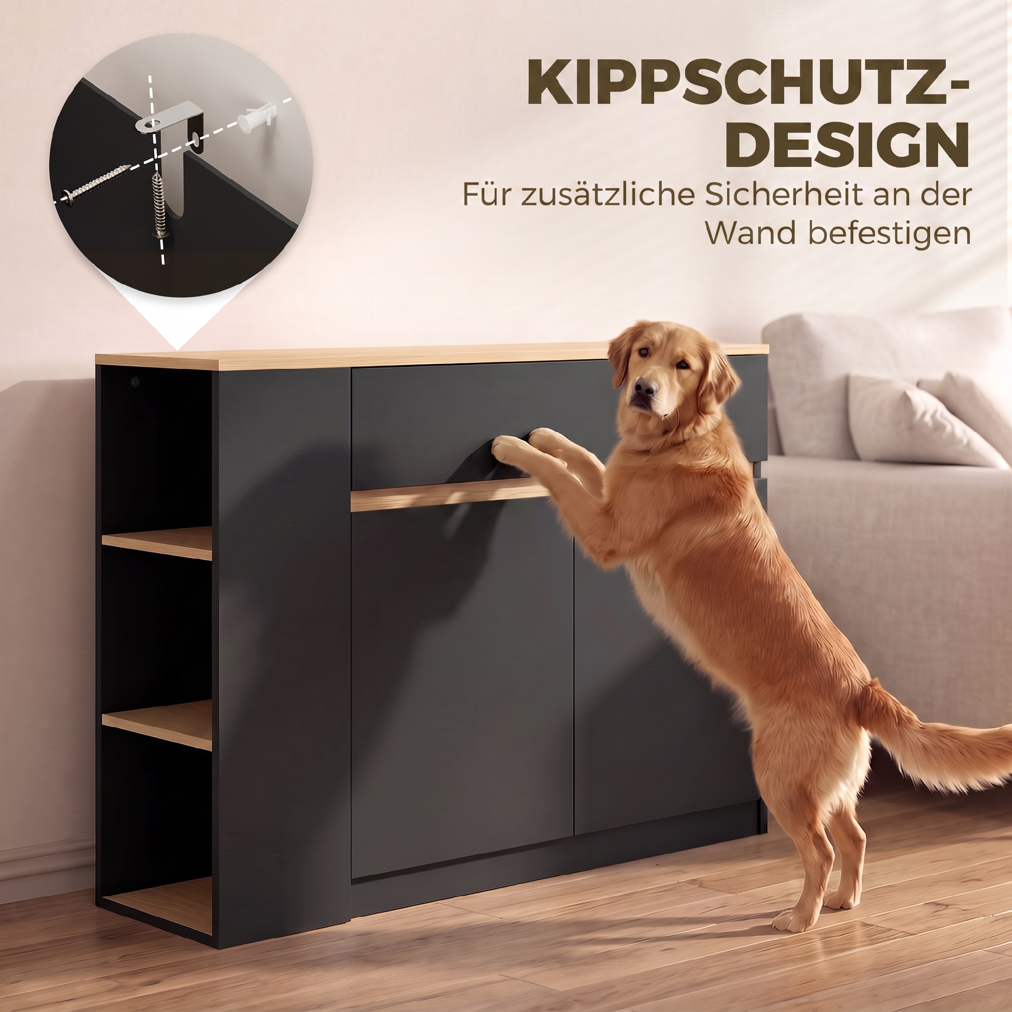 Sideboard, Buffet, großes Schrankfach, 3-stufiges Regal, Schublade, schwarz, 110 x 29,5 x 82cm