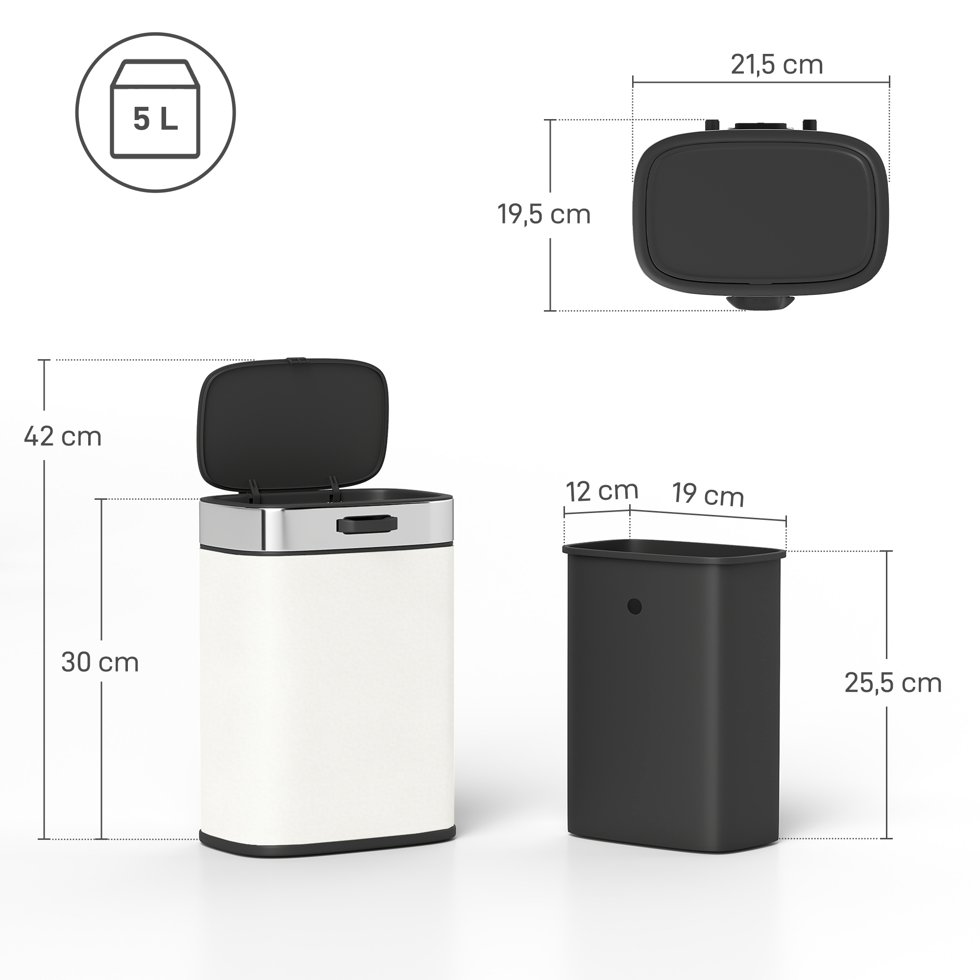 5L Mülleimer, freistehend oder hängend platzierbar, Edelstahl, Cremeweiß