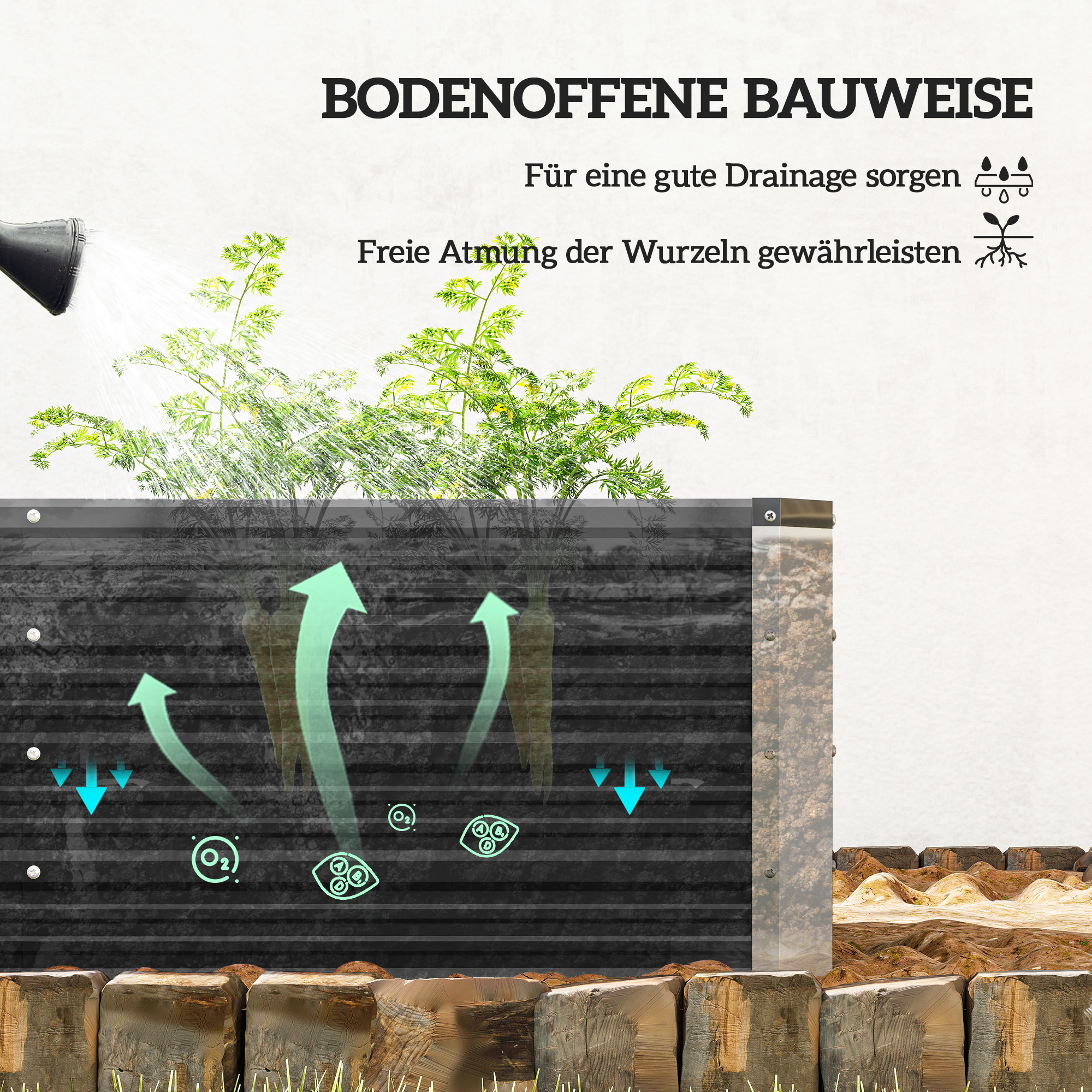 Hochbeet aus Stahl Gartenbeet Pflanzkasten Blumenkasten Blumenkübel mit Handschuhe Grau 183 x 47 x 40 cm