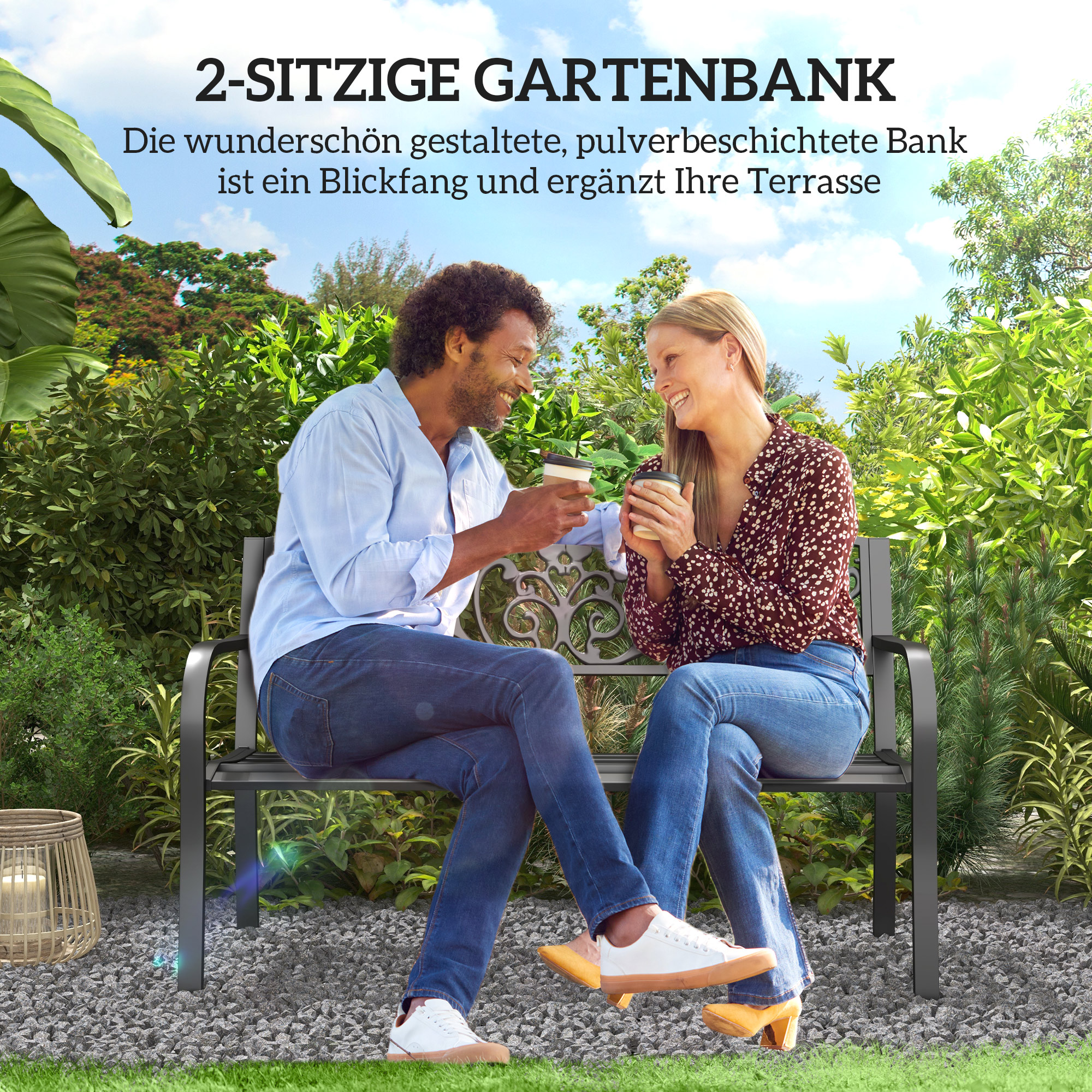 Metallgartenbank, Blumendesign, 2-Sitzer, 240 kg Tragkraft, Stahl, 127L x 60B x 87H cm, Schwarz