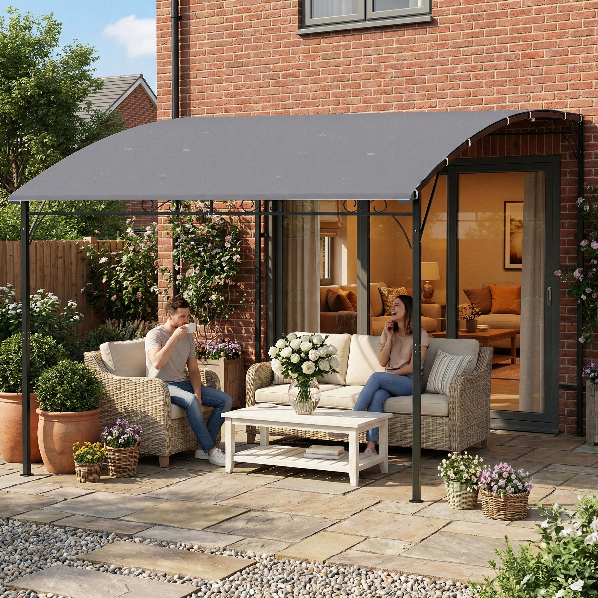Anbaupavillon Pergola mit Metallgestell Dach, wetterfest wandmontiert Pavillon Vordach 2,86 x 3,84 x 2,52 m Grau