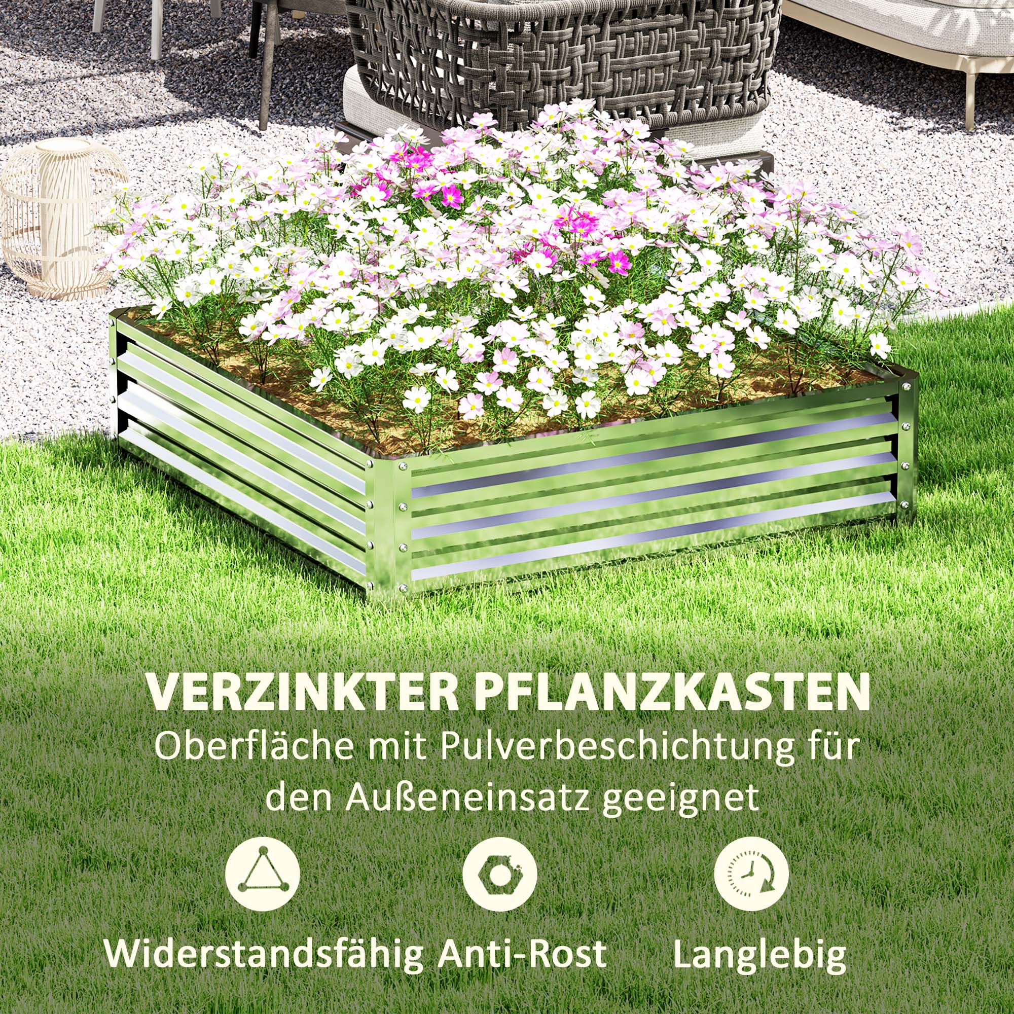 Gartenbeet, Pflanzkasten mit Stahlgehäuse, Silber, 120 x 120 x 30 cm
