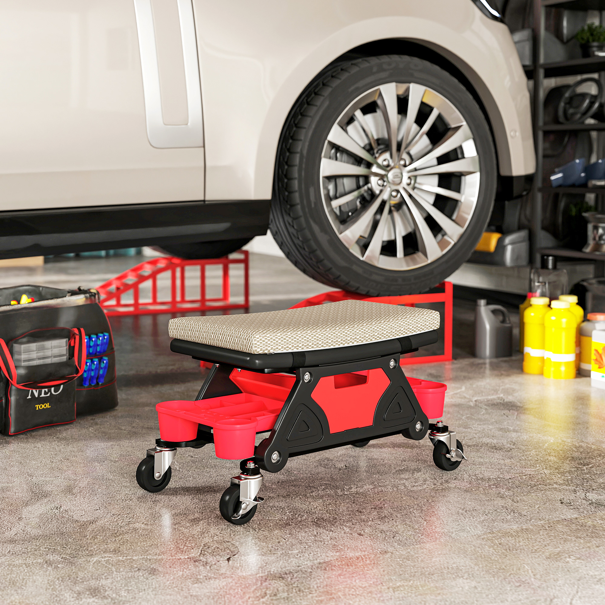 Werkstatthocker mit Rollen Ablagefläche 35cm hoch Rollhocker bis 135 kg belastbar Grau