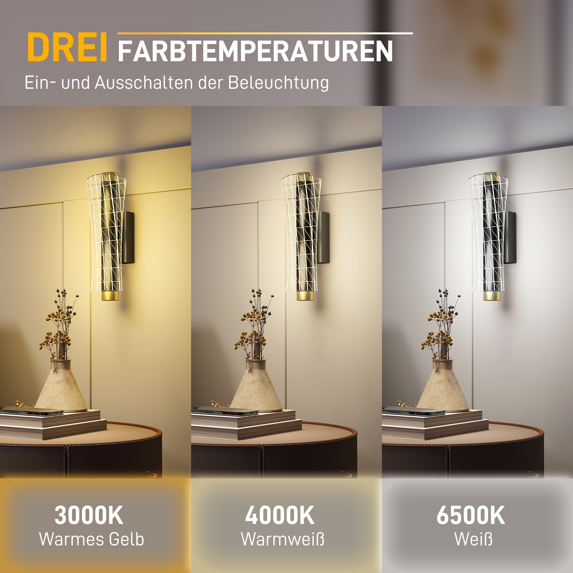 Wandleuchte Innen Wandlampe mit LED Lichte, Gitterdesign, Dimmbar Nachttischlampe Metall, Schwarz