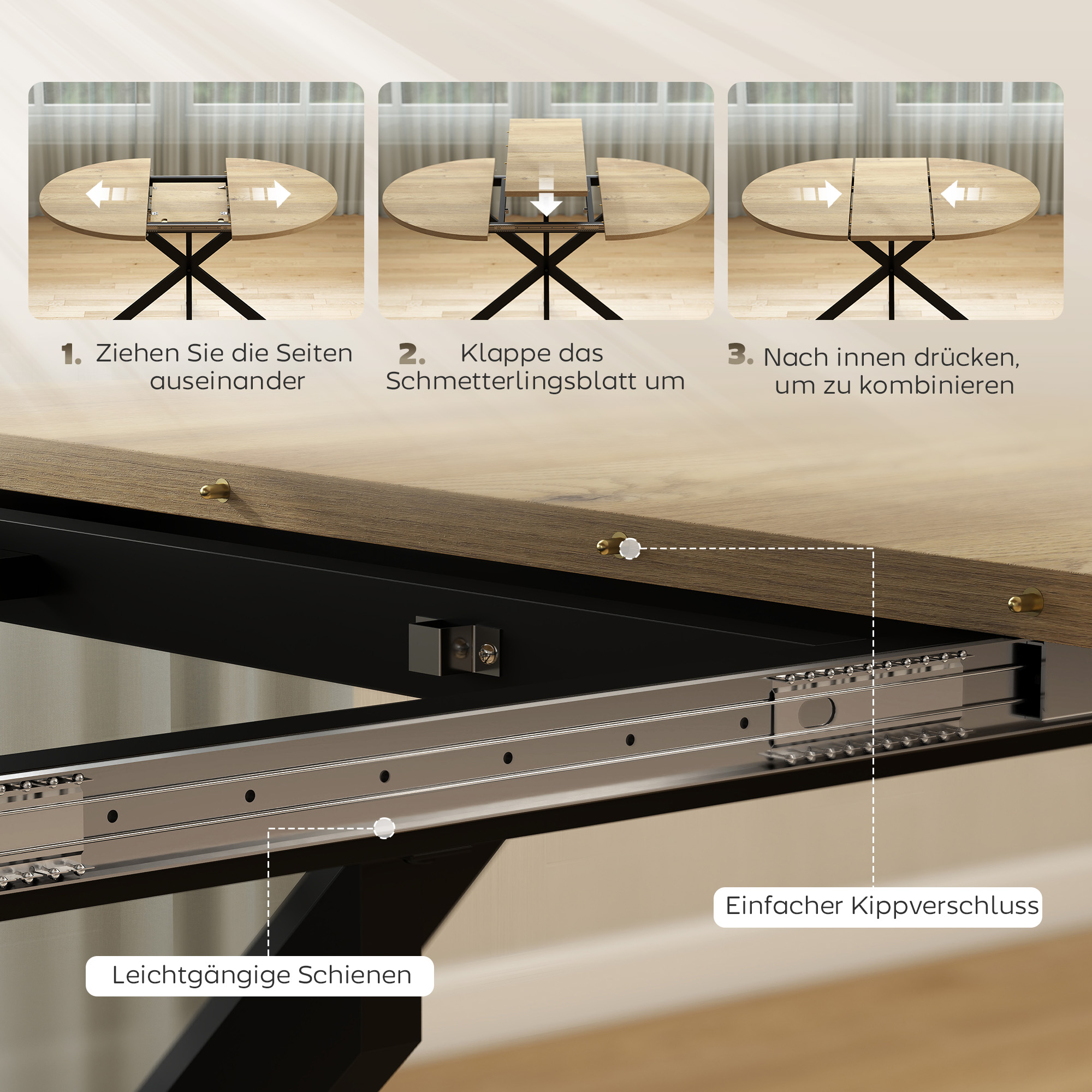 Ausziehbarer runder Esstisch für 4-6 Personen, 100-135 cm, Küchentisch mit X-förmigem Stahlsockel, Naturholz, Schwarz