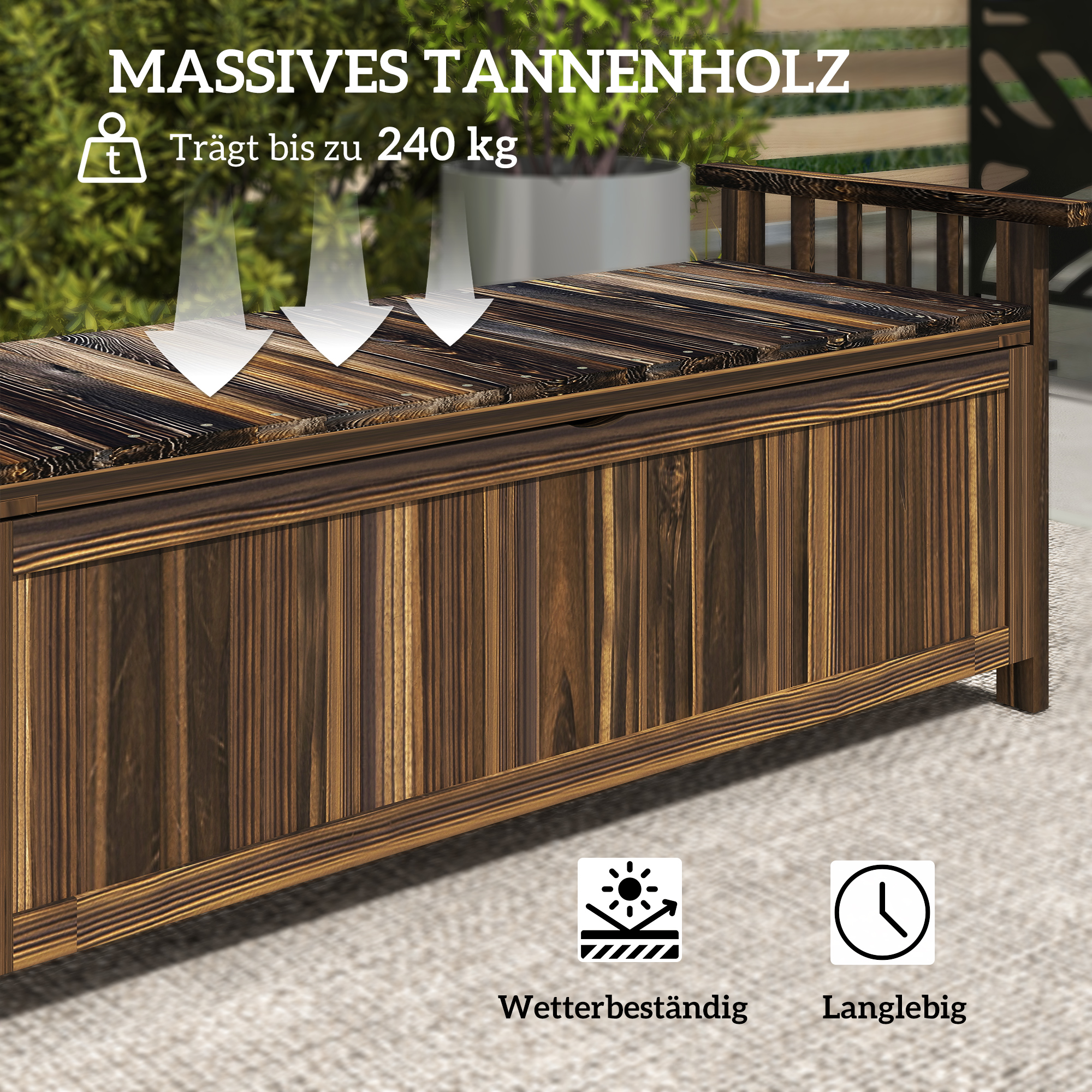 2-Sitzer Gartenbank Holz, wetterfest Sitzbank, Gartenmöbel mit Stauraum Armlehnen 128,5 x 52 x 53,5cm, Verkohlt