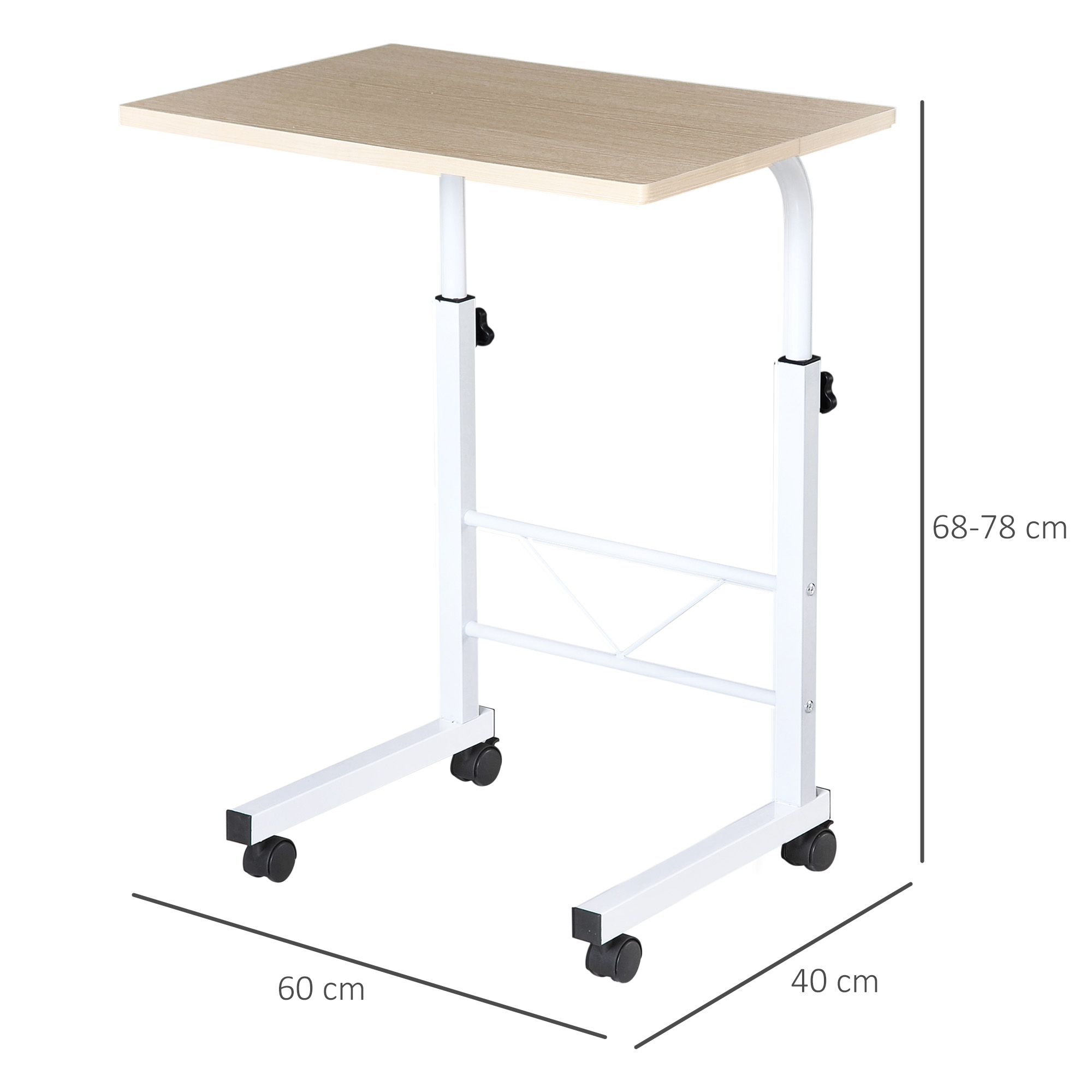 Beistelltisch höhenverstellbarer Couchtisch mobiler Endschreibtisch mit Rädern Feststellbremsen C-Tische Spanplatte Stahl Eisen Kunststoff Weiße Ahornfarbe 60 x 40 x 68-78 cm