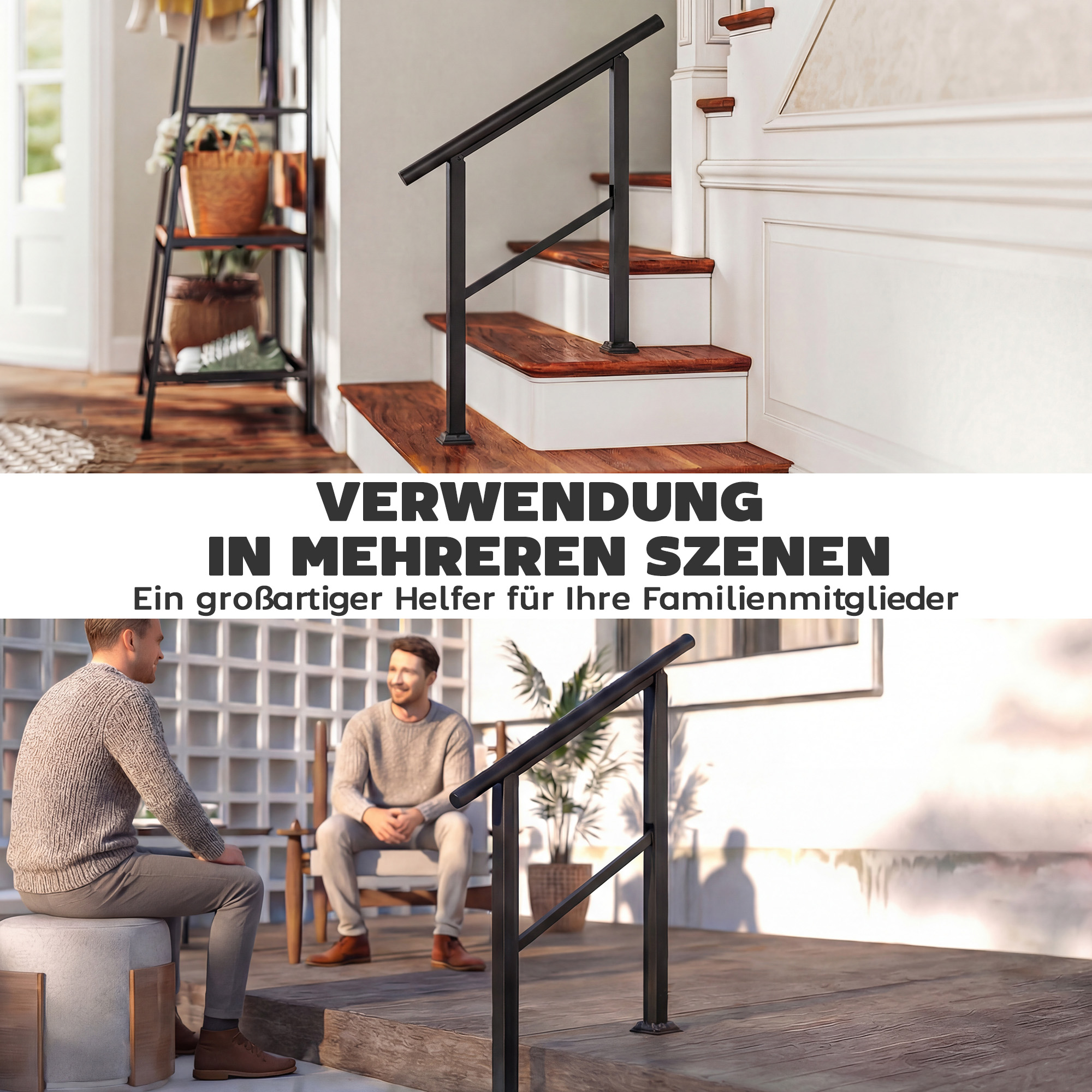 Treppengeländer für 2-3 Stufen, 94cm, Winkelverstellbar Handlauf Außen und Innen Metall Schwarz