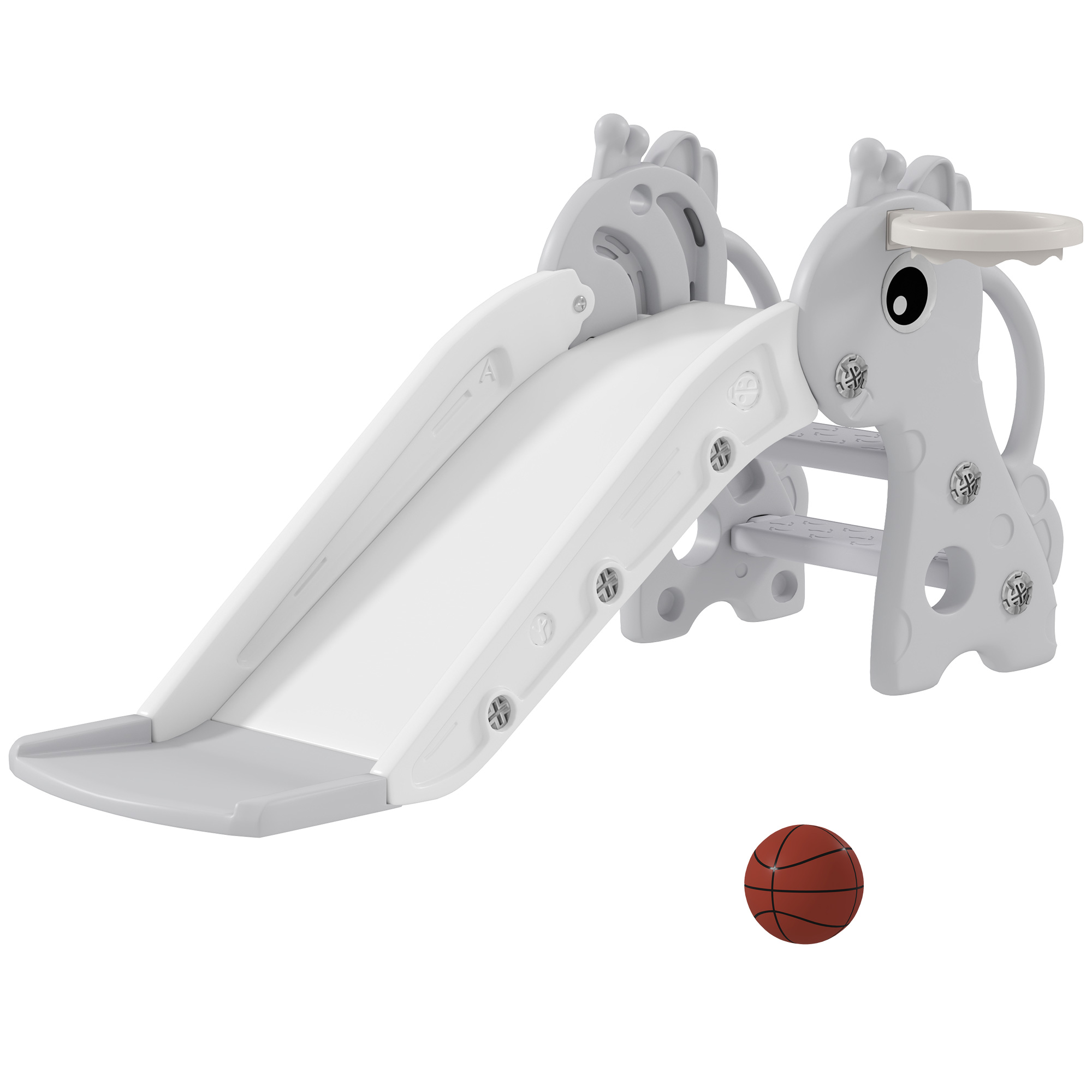 3-in-1 Rutsche für Kinder, Giraffenform, Basketballkorb, Ball, Grau