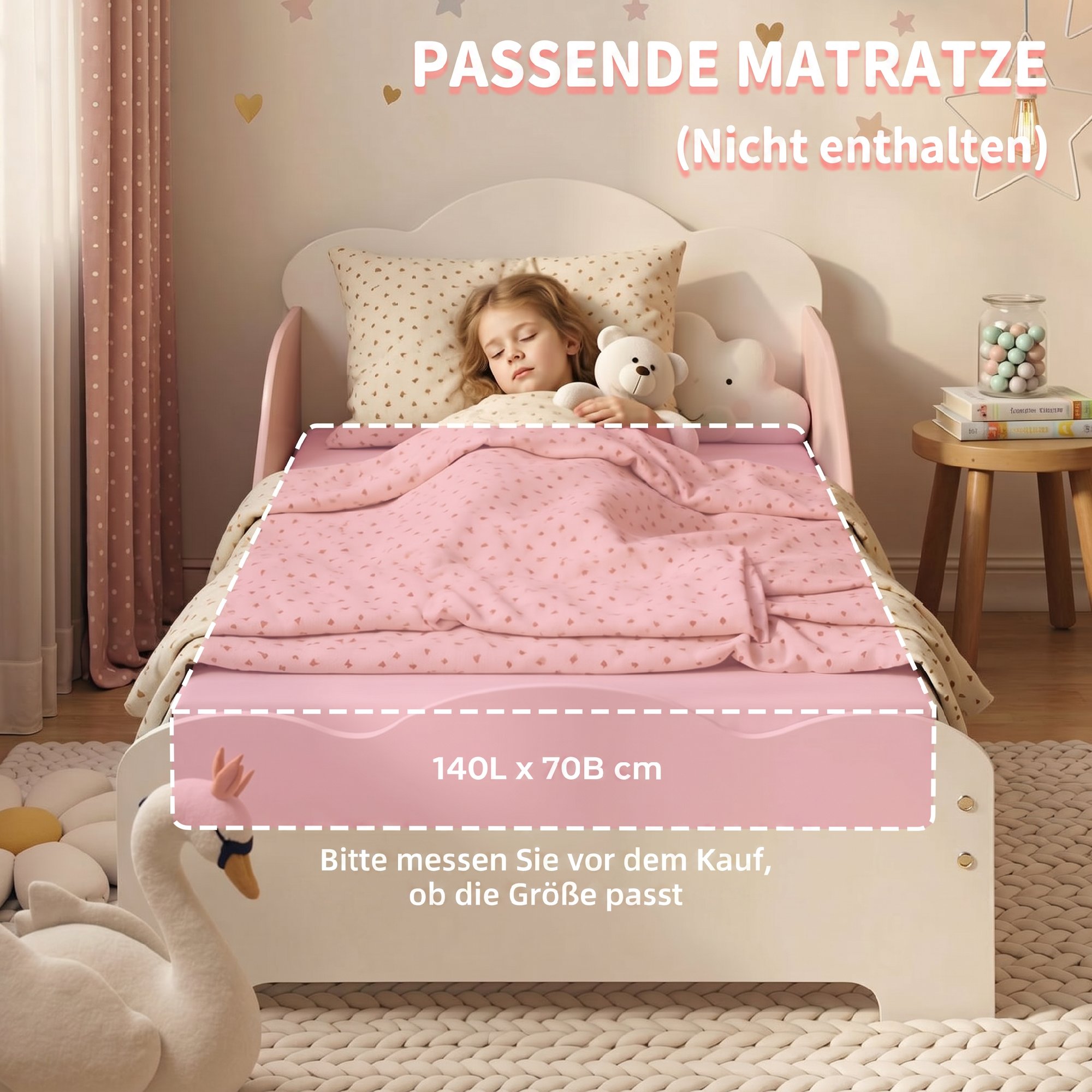 Kinderbett, 140 x 70 cm Bettgestell mit hohen Schutzgitter für Kinder von 3-6 Jahren, ohne Matratze, Rosa
