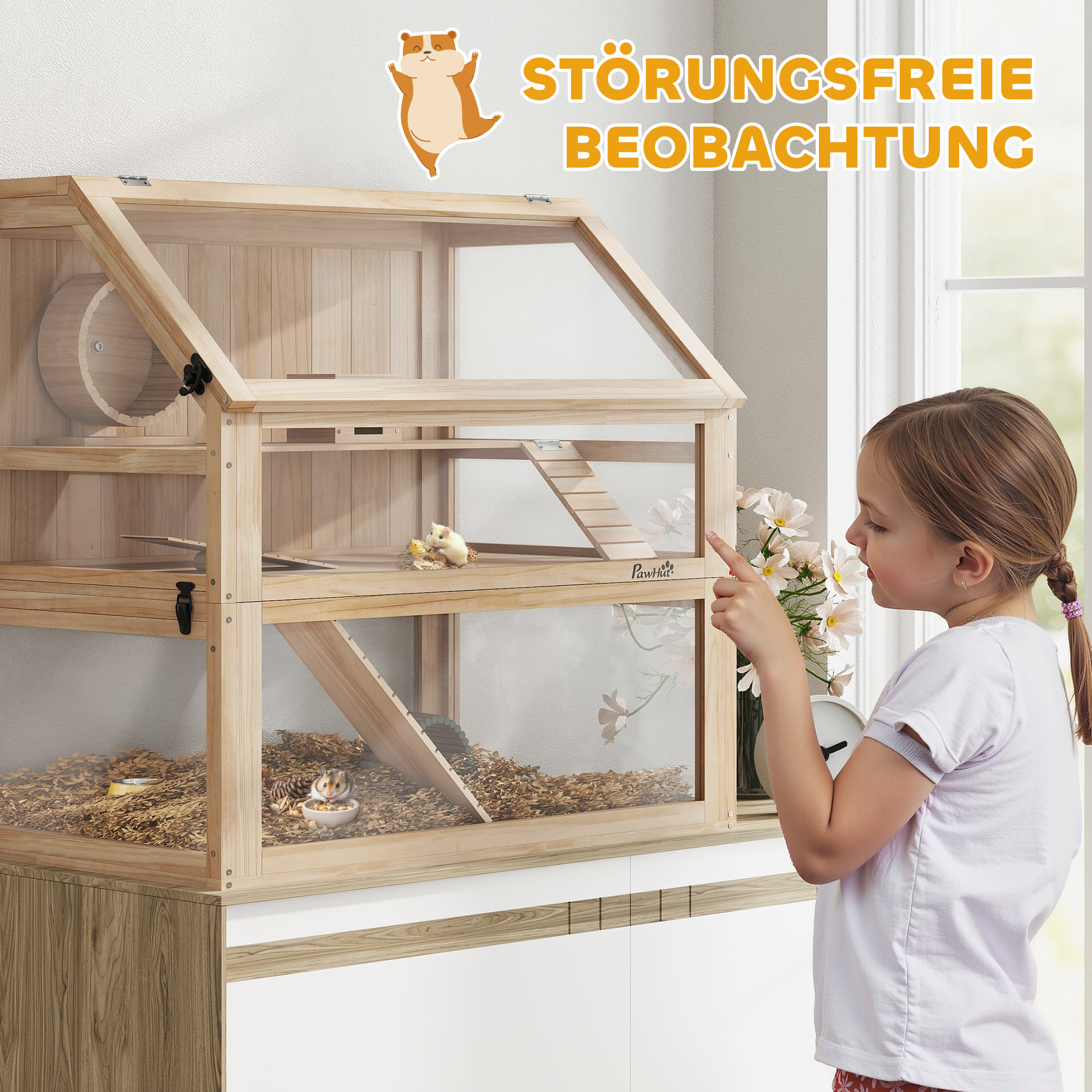 Hamsterkäfig aus Holz 3 Etagen Nagarium Nagerkäfig mit klappbarem Deckel Laufrad 80 x 50 x 76 cm Naturholz