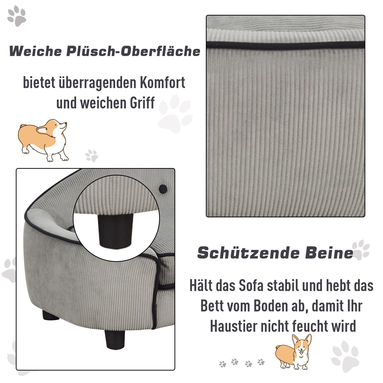 Haustiersofa, Hundebett, Hundematte, Hundesofa, Naturholz+Plüsch, Grau, 66,5 x 45 x 35,5 cm