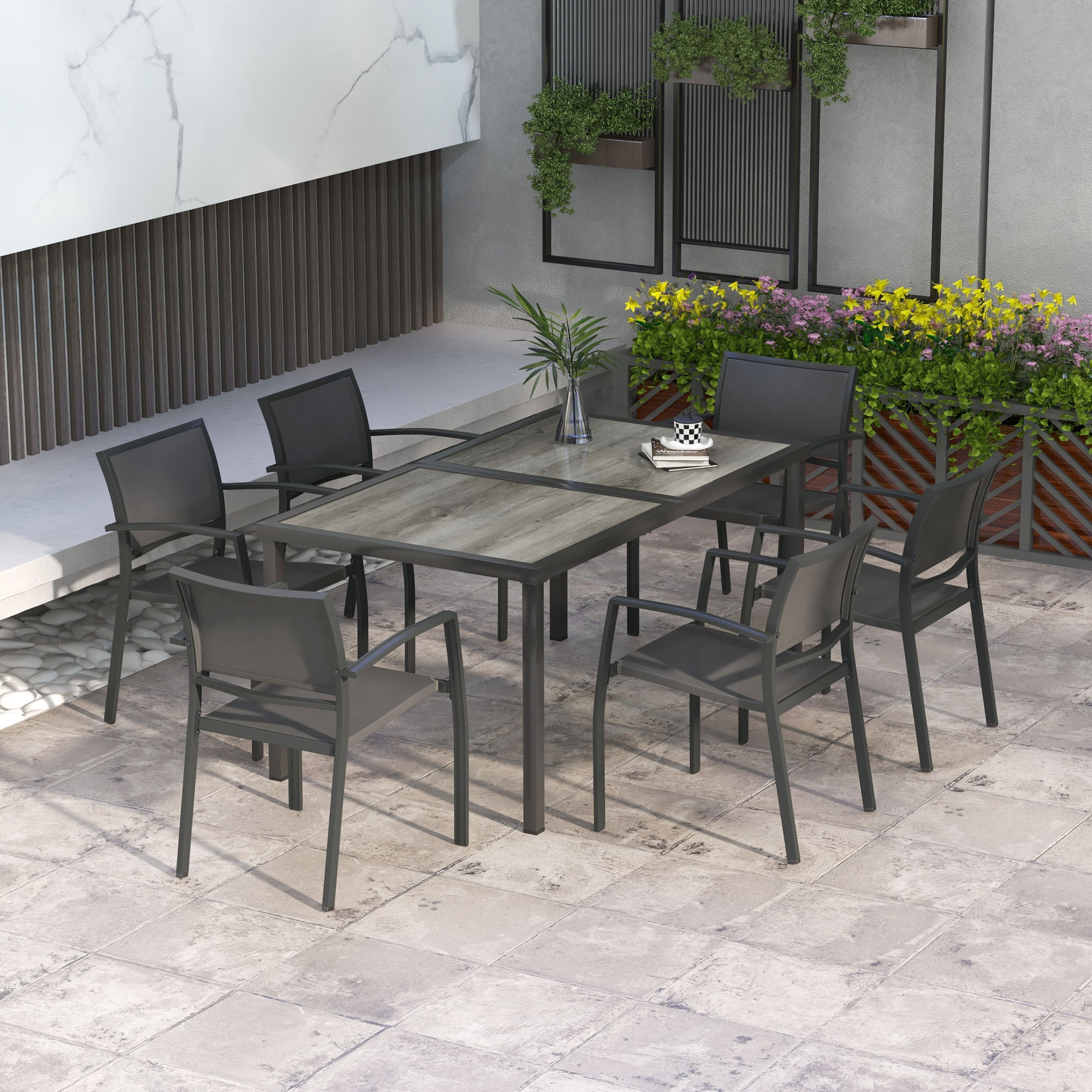Gartenmöbel-Set Gartensitzgruppe, 1 Tisch, 6 Stühle, 150 x 87 x 72 cm, Grau