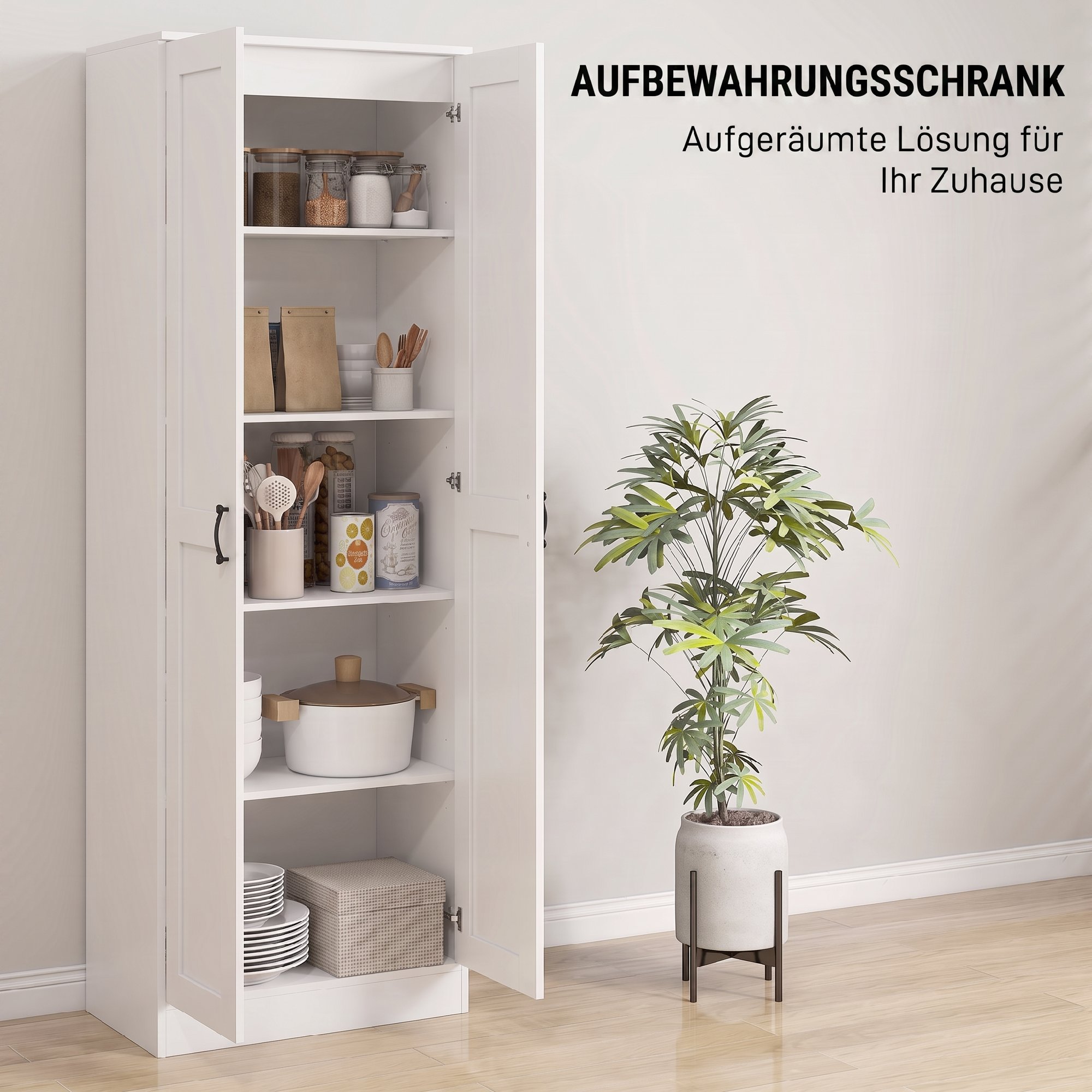 Vorratsschrank 175 cm mit Stauraum, Küchenschrank mit Soft-Close-Türen und verstellbaren Einlegeböden, Weiß