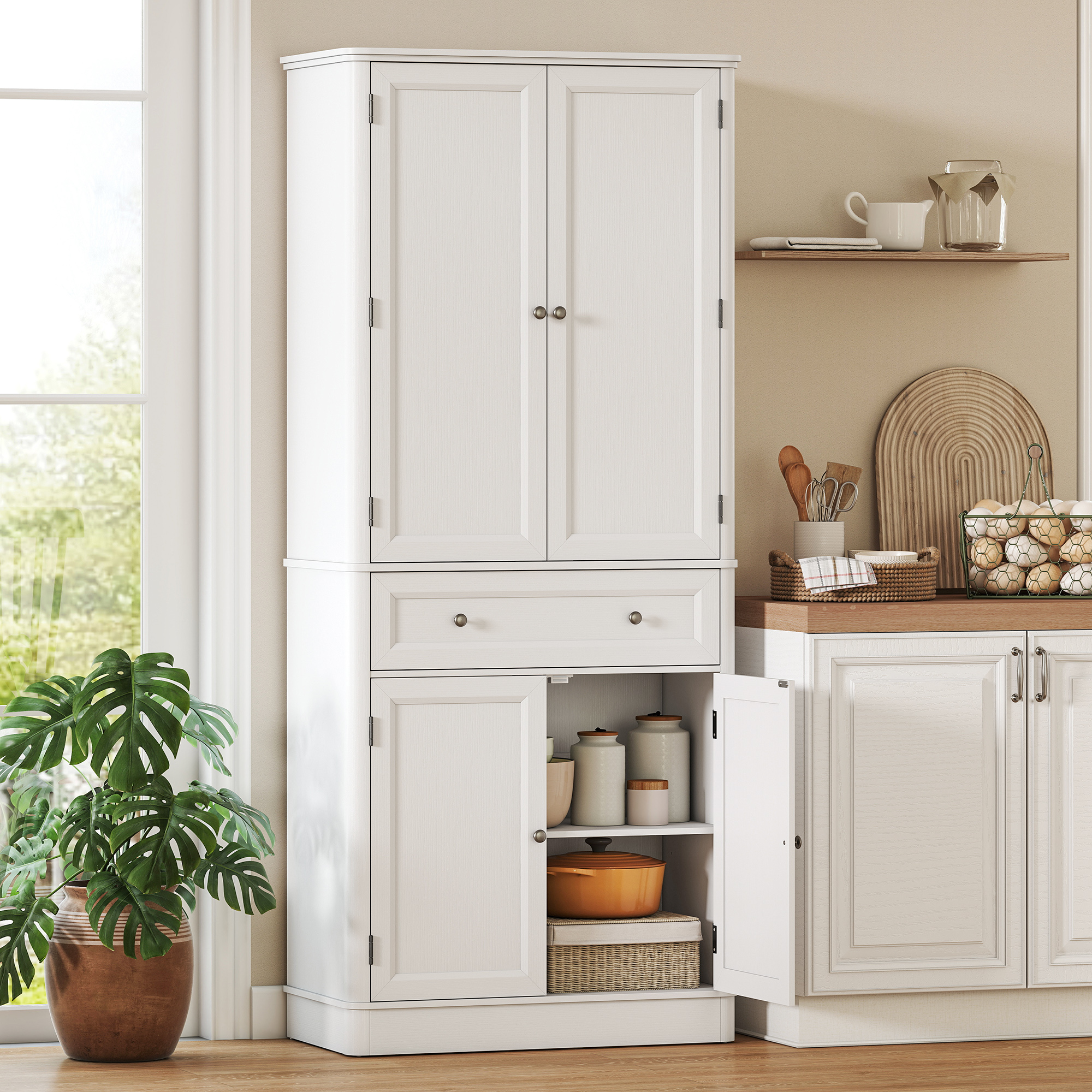 Küchenschrank mit 4 Türen, Schublade und verstellbaren Einlegeböden für Küche, 80 x 39,5 x 186,4 cm Weiß