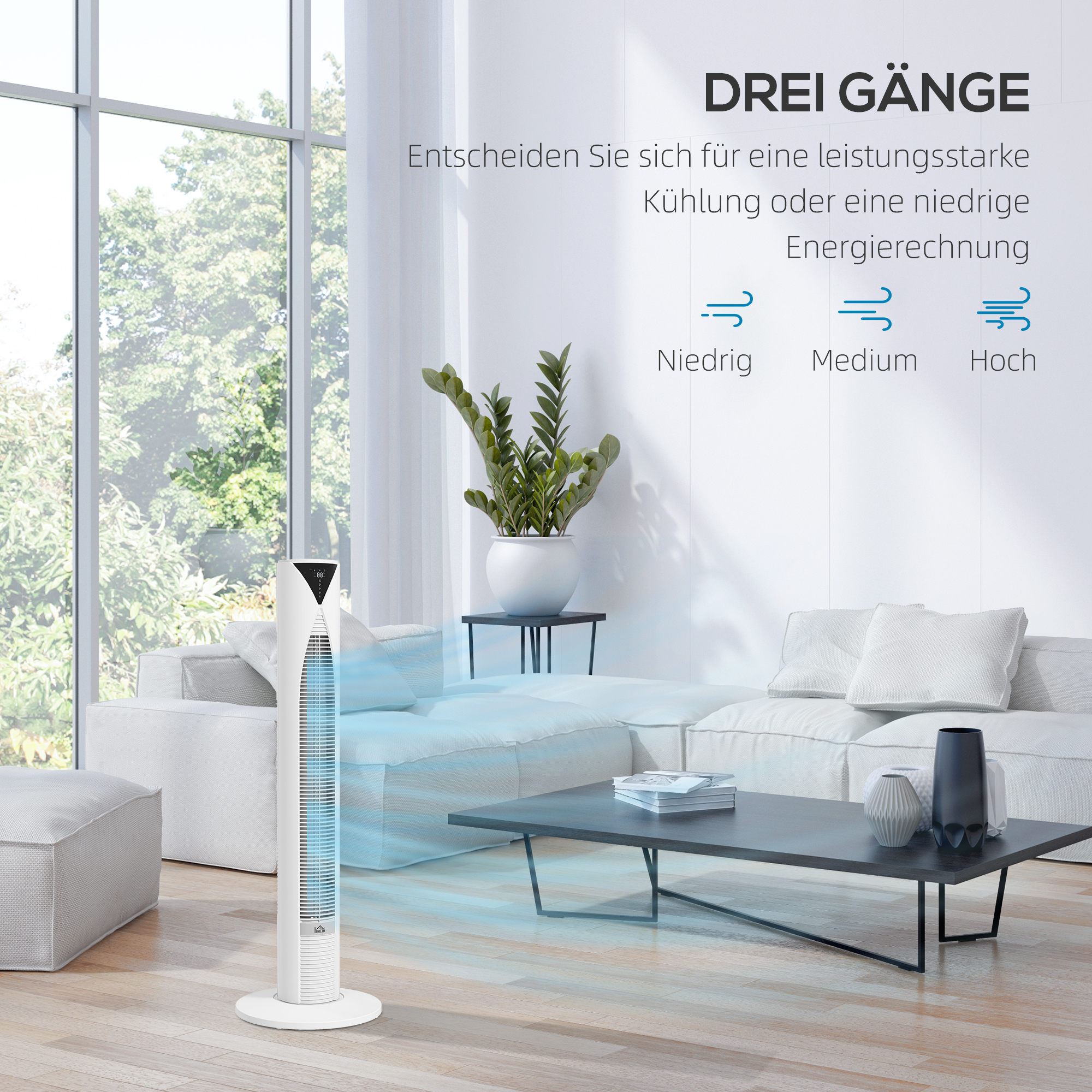 70° oszillierender Turmventilator mit Fernbedienung 4 Modi 3 Geschwindigkeiten Timer 31,5 x 31,5 x 96 cm Weiß